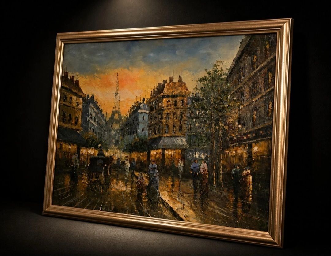 Vintage Paris Street Scene Oil Painting Eiffel Tower photo furniture