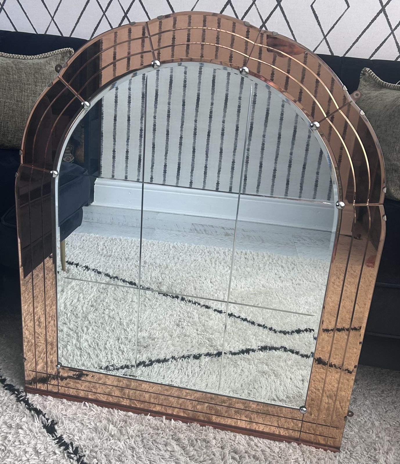 Original 1930s Art Deco Peach Glass Mirror – Bevelled Edge, Chrome Detail, Mint Condition photo for sale