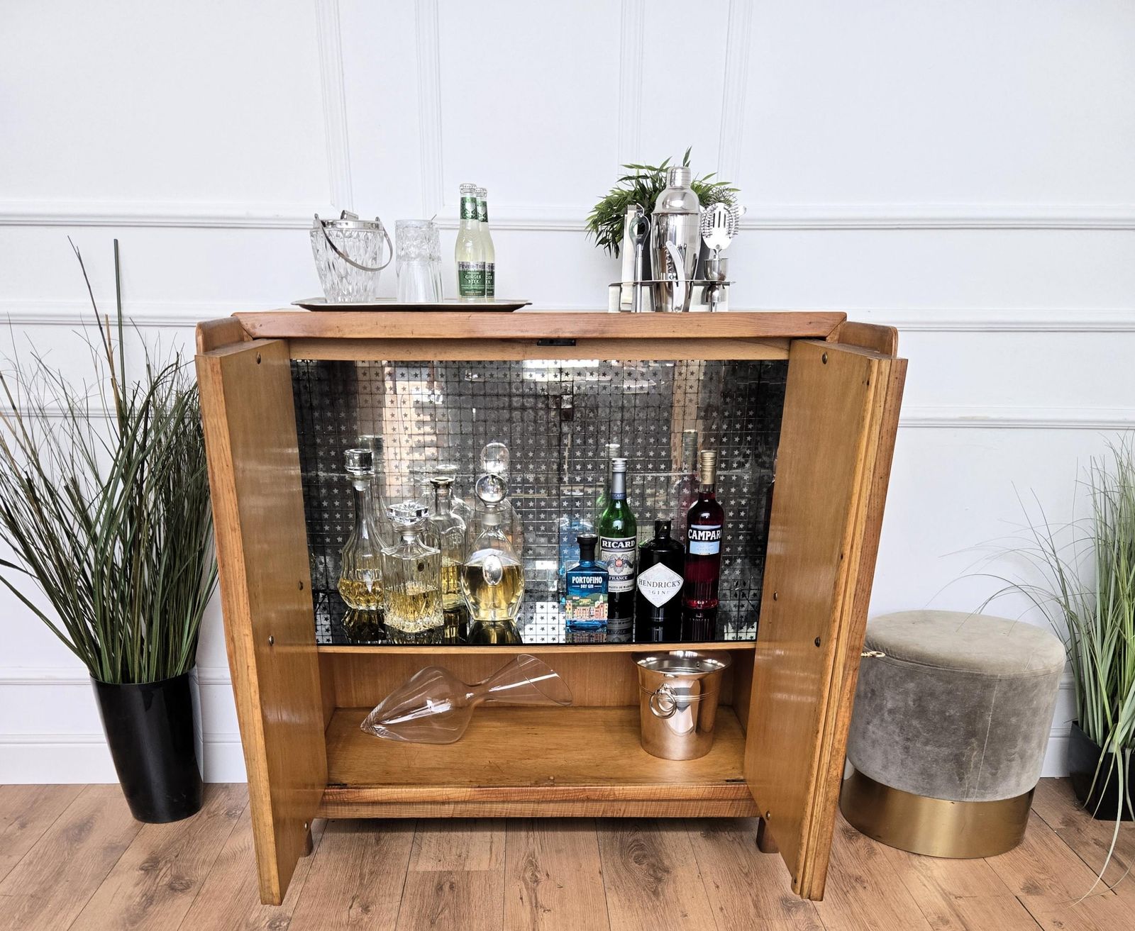 1950s Art Deco Mid Century Italian Walnut Mirror Mosaic Sideboard Bar Cabinet photo for sale