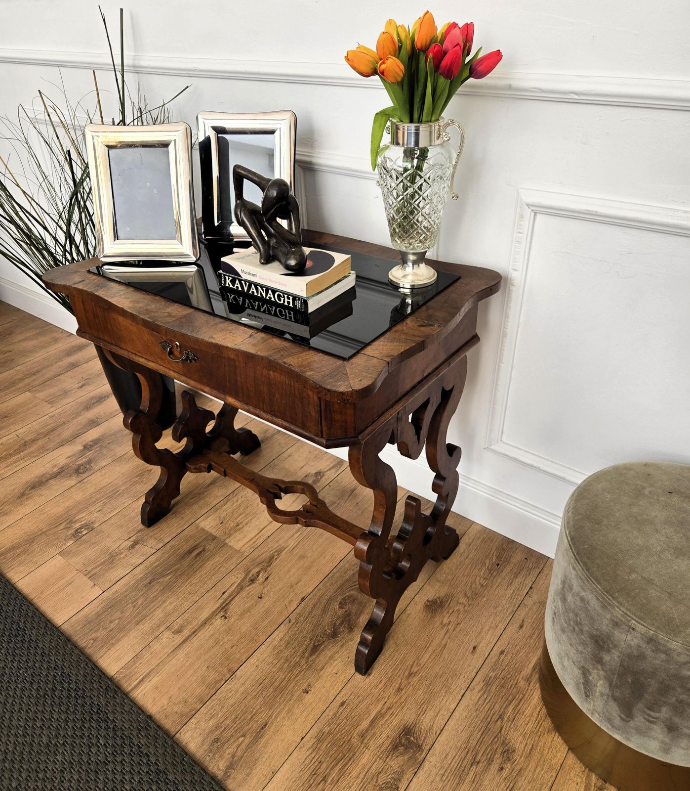 Italian Walnut Burl Wood Deco Baroque Style Lyre Leg Trestle Side Console Table photo for sale