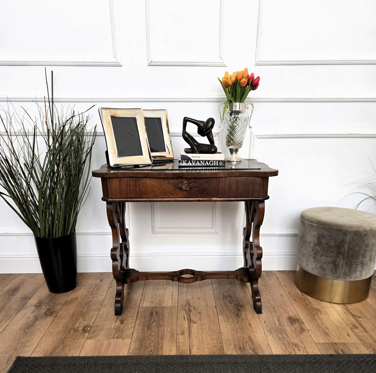 Italian Walnut Burl Wood Deco Baroque Style Lyre Leg Trestle Side Console Table photo Furniture