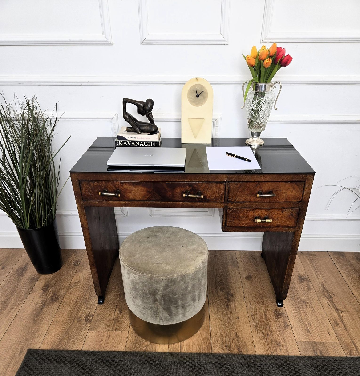 1940s Art Deco Midcentury Italian Walnut Burl Wood Glass Top Writing Desk Table photo for sale