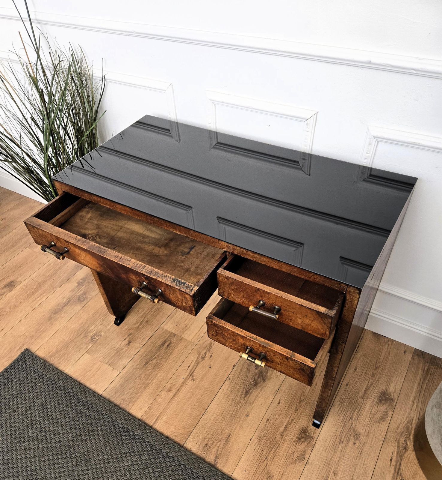 photo for sale 1940s Art Deco Midcentury Italian Walnut Burl Wood Glass Top Writing Desk Table