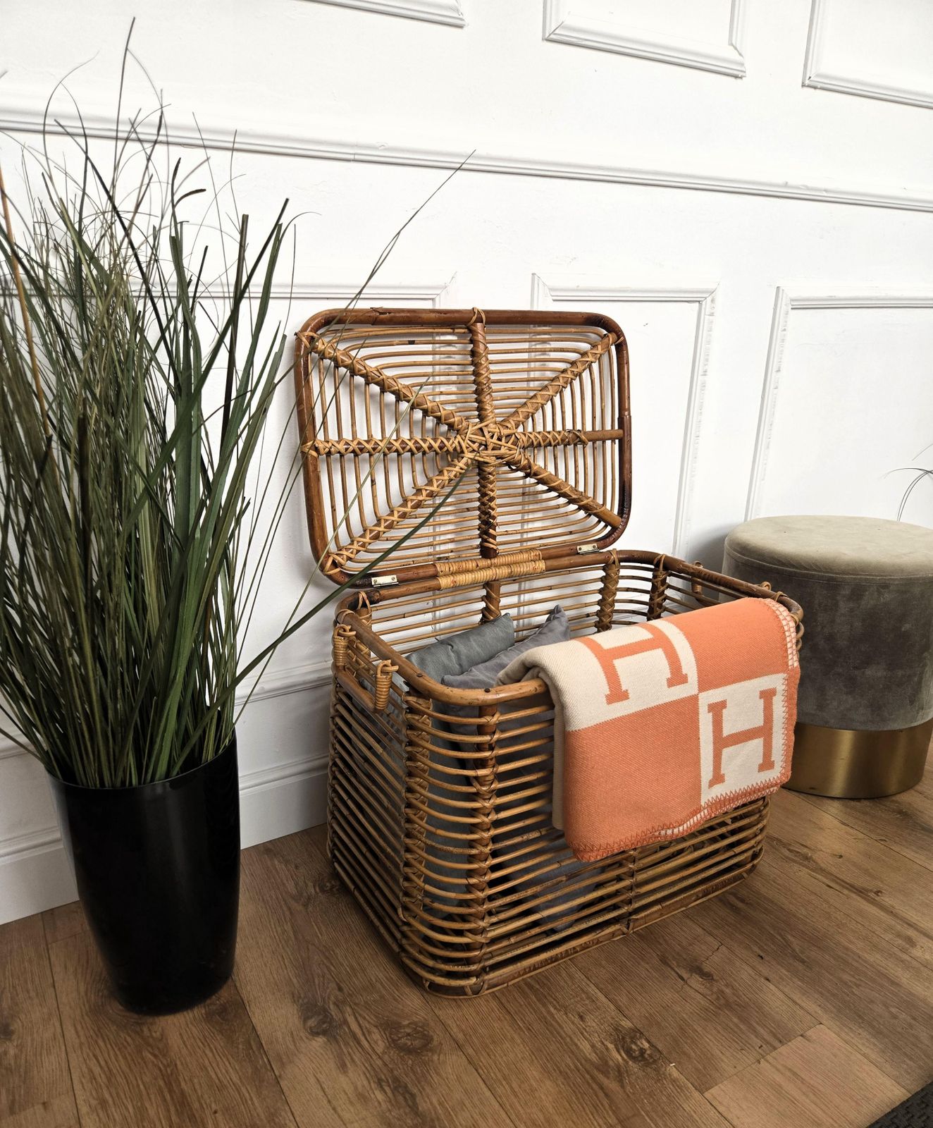 1960s Italian Designer Bamboo Rattan Bohemian French Riviera Basket Container photo furniture