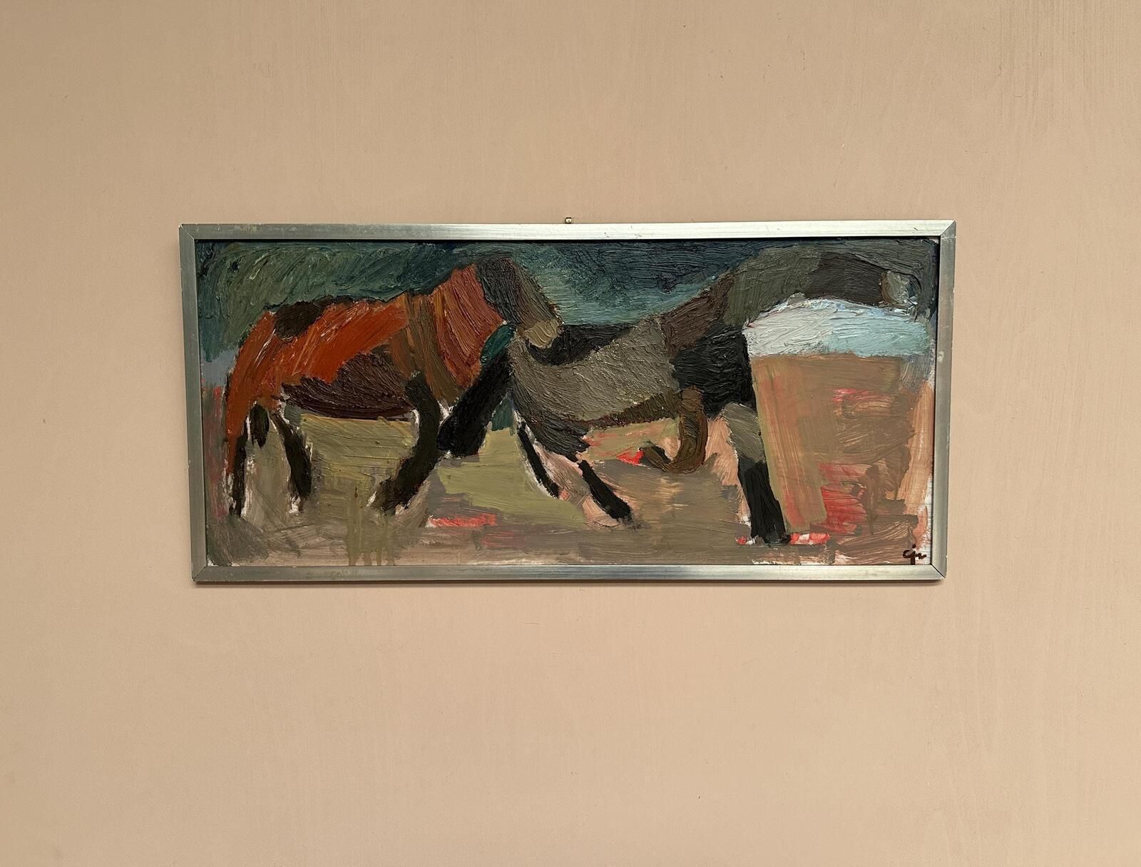photo for sale Original Mid Century Swedish Oil On Panel – “Two Horses” By Calle Johansson –  1959 – Vintage & Framed – 35 × 75 Cm (13.8" × 29.5")