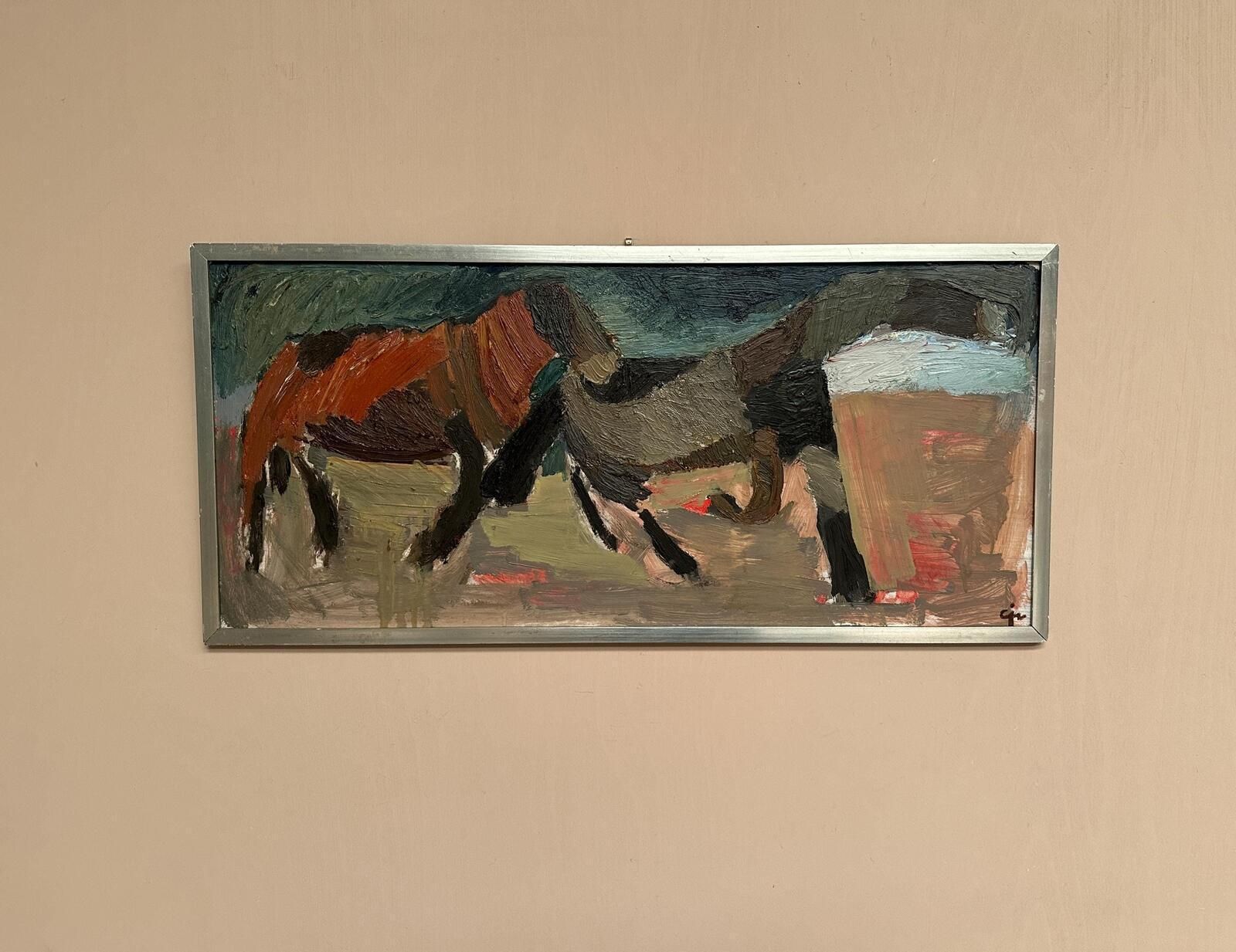 Art Original Mid Century Swedish Oil On Panel – “Two Horses” By Calle Johansson –  1959 – Vintage & Framed – 35 × 75 Cm (13.8" × 29.5") photo