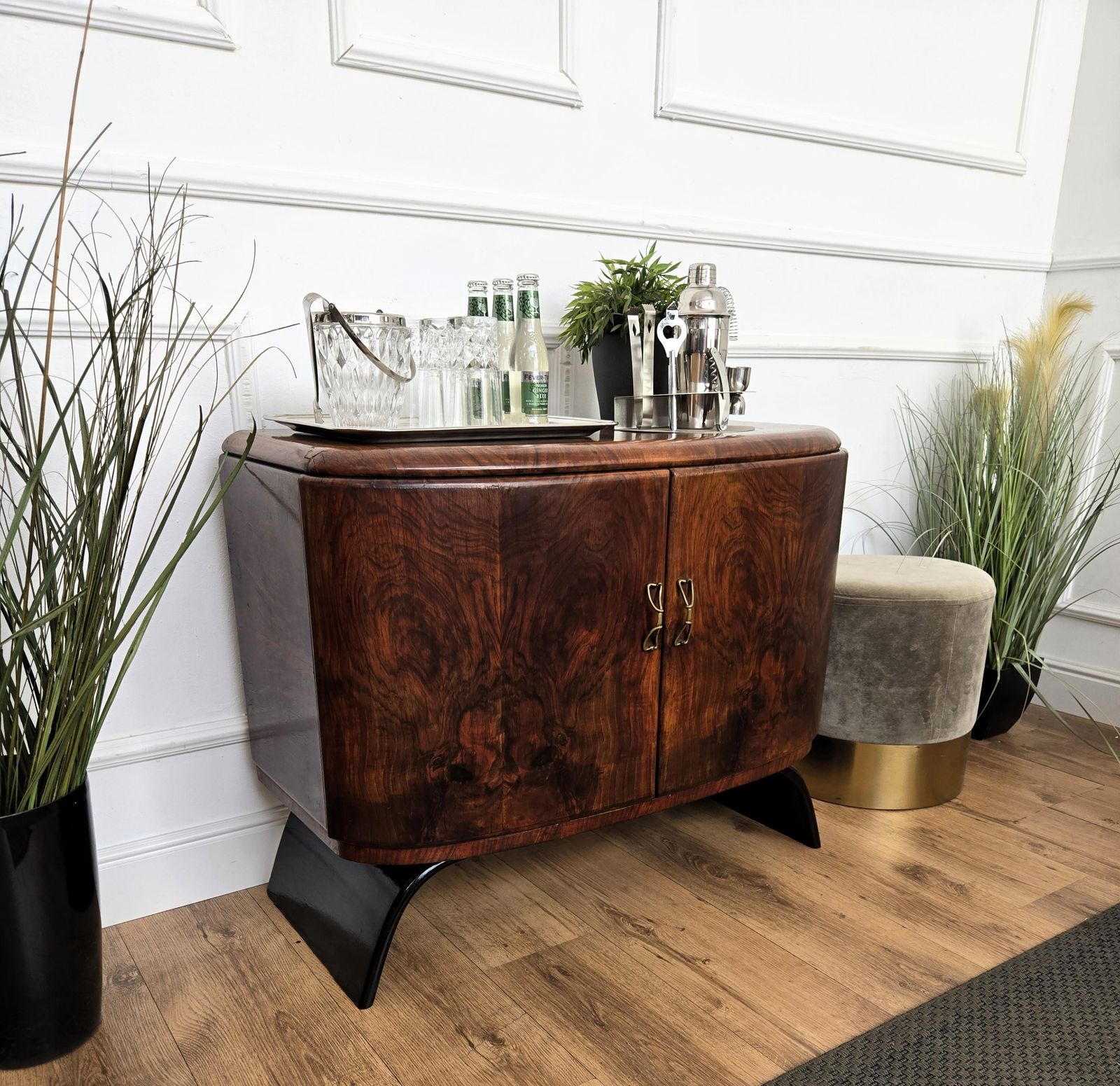 1940s Art Deco Midcentury Italian Walnut Burl And Mirror Mosaic Dry Bar Cabinet photo furniture