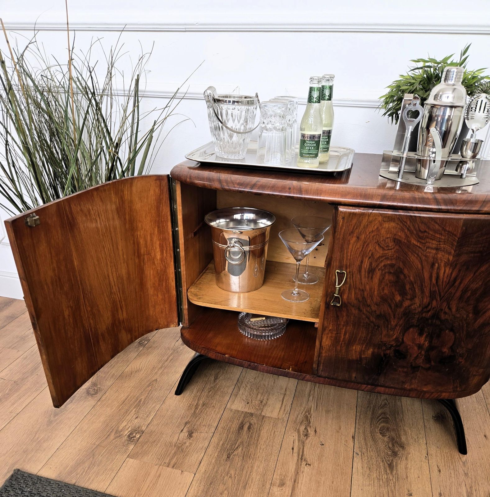 1940s Art Deco Midcentury Italian Walnut Burl And Mirror Mosaic Dry Bar Cabinet photo 2458.0
