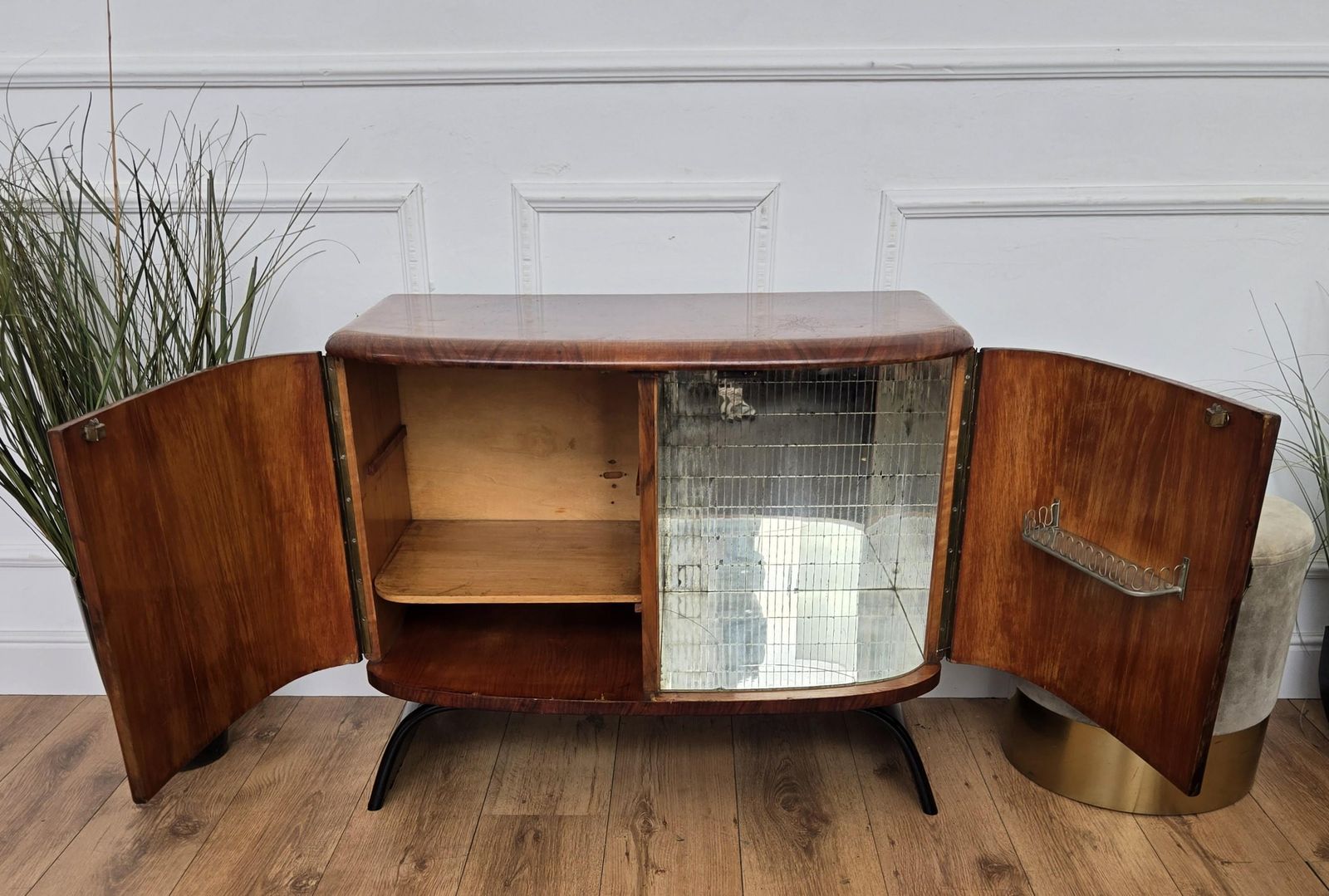 photo furniture 1940s Art Deco Midcentury Italian Walnut Burl And Mirror Mosaic Dry Bar Cabinet