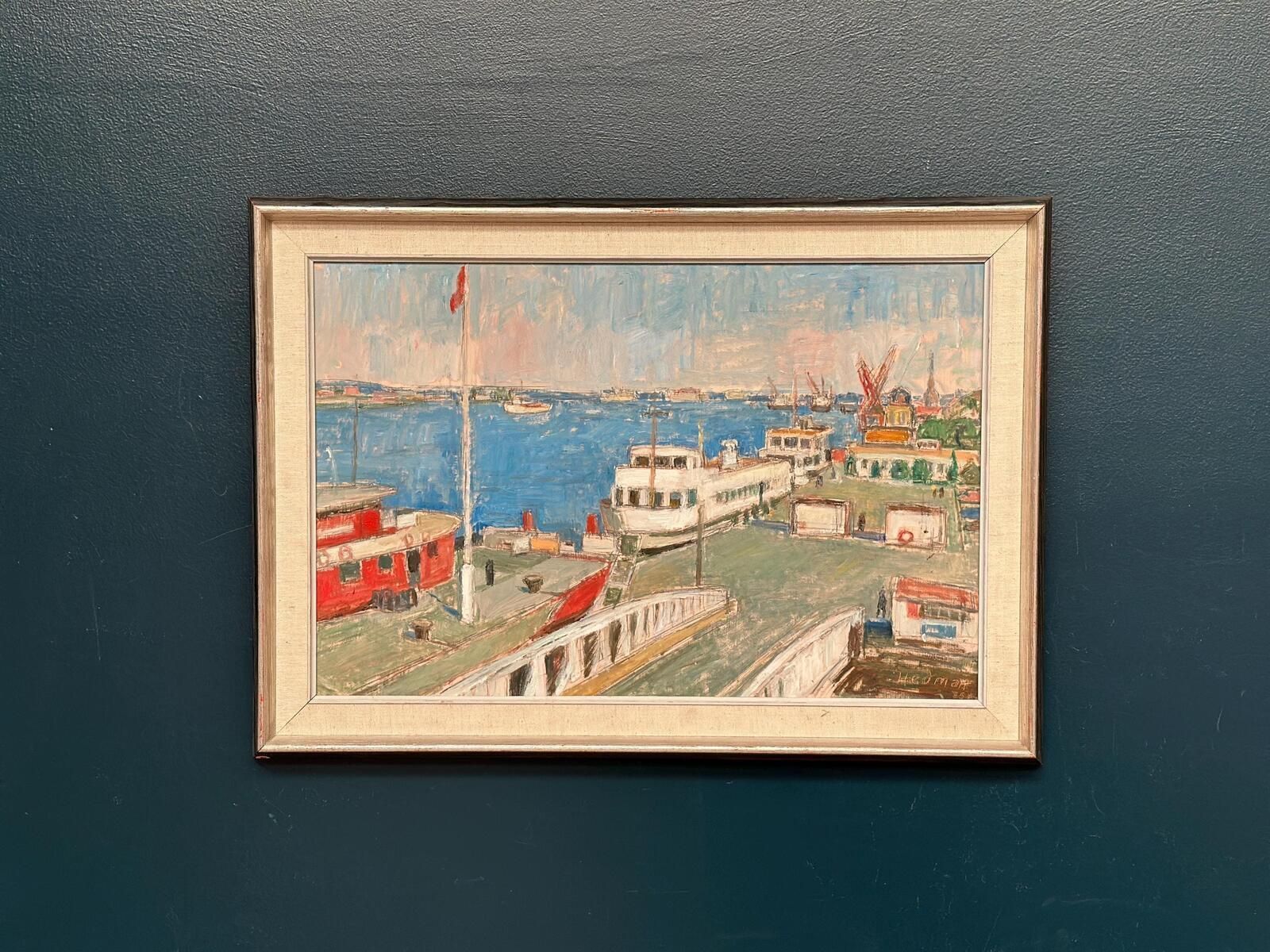 Original Swedish Oil Painting – “Malmö Harbour” By John Hedman – Vintage & Framed – 69.5 × 49.5 Cm (27.4" × 19.5")
