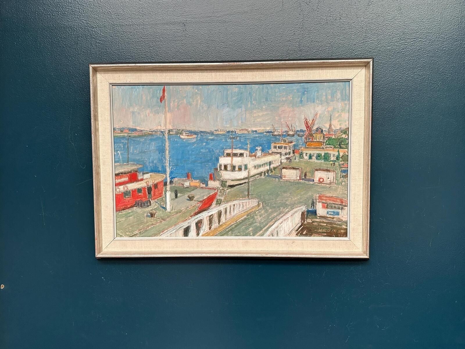 Original Swedish Oil Painting – “Malmö Harbour” By John Hedman – Vintage & Framed – 69.5 × 49.5 Cm (27.4" × 19.5") photo for sale