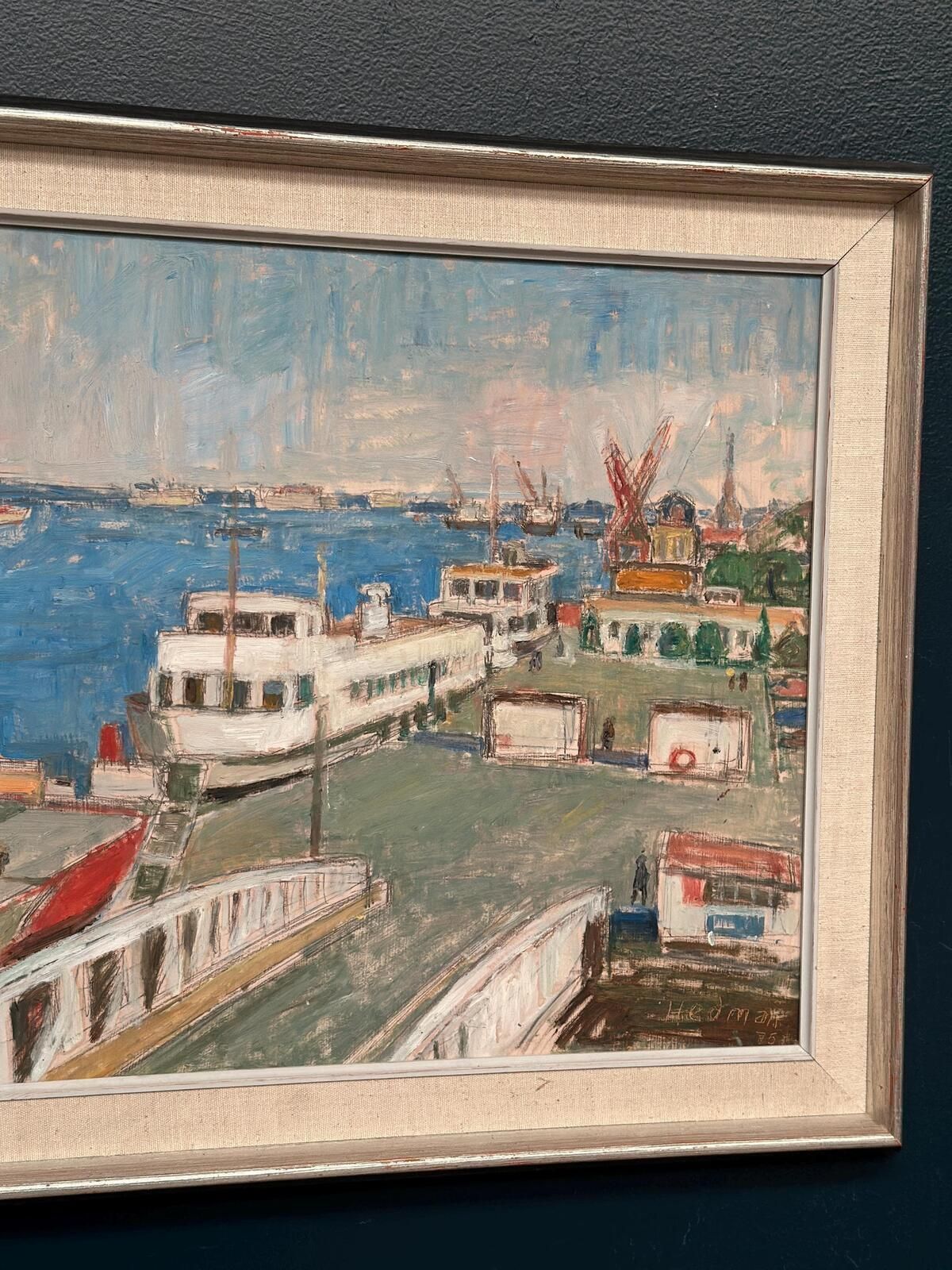 Original Swedish Oil Painting – “Malmö Harbour” By John Hedman – Vintage & Framed – 69.5 × 49.5 Cm (27.4" × 19.5") photo Art