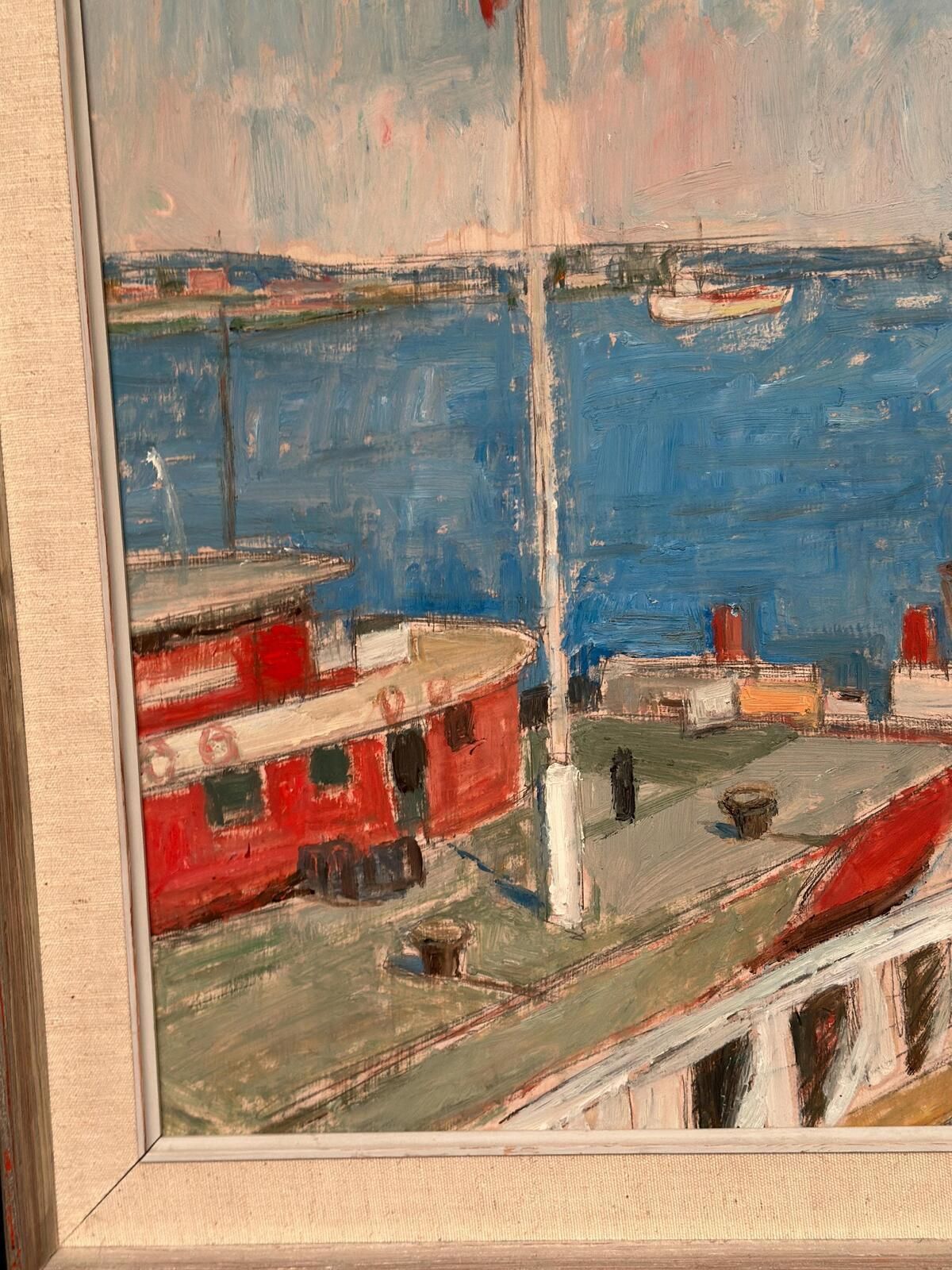 Original Swedish Oil Painting – “Malmö Harbour” By John Hedman – Vintage & Framed – 69.5 × 49.5 Cm (27.4" × 19.5") photo vintage