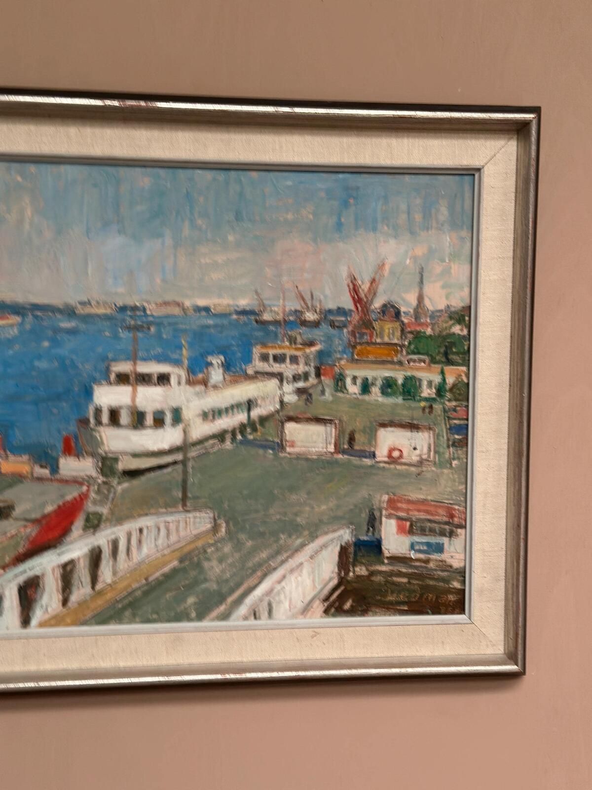 Art Original Swedish Oil Painting – “Malmö Harbour” By John Hedman – Vintage & Framed – 69.5 × 49.5 Cm (27.4" × 19.5") photo