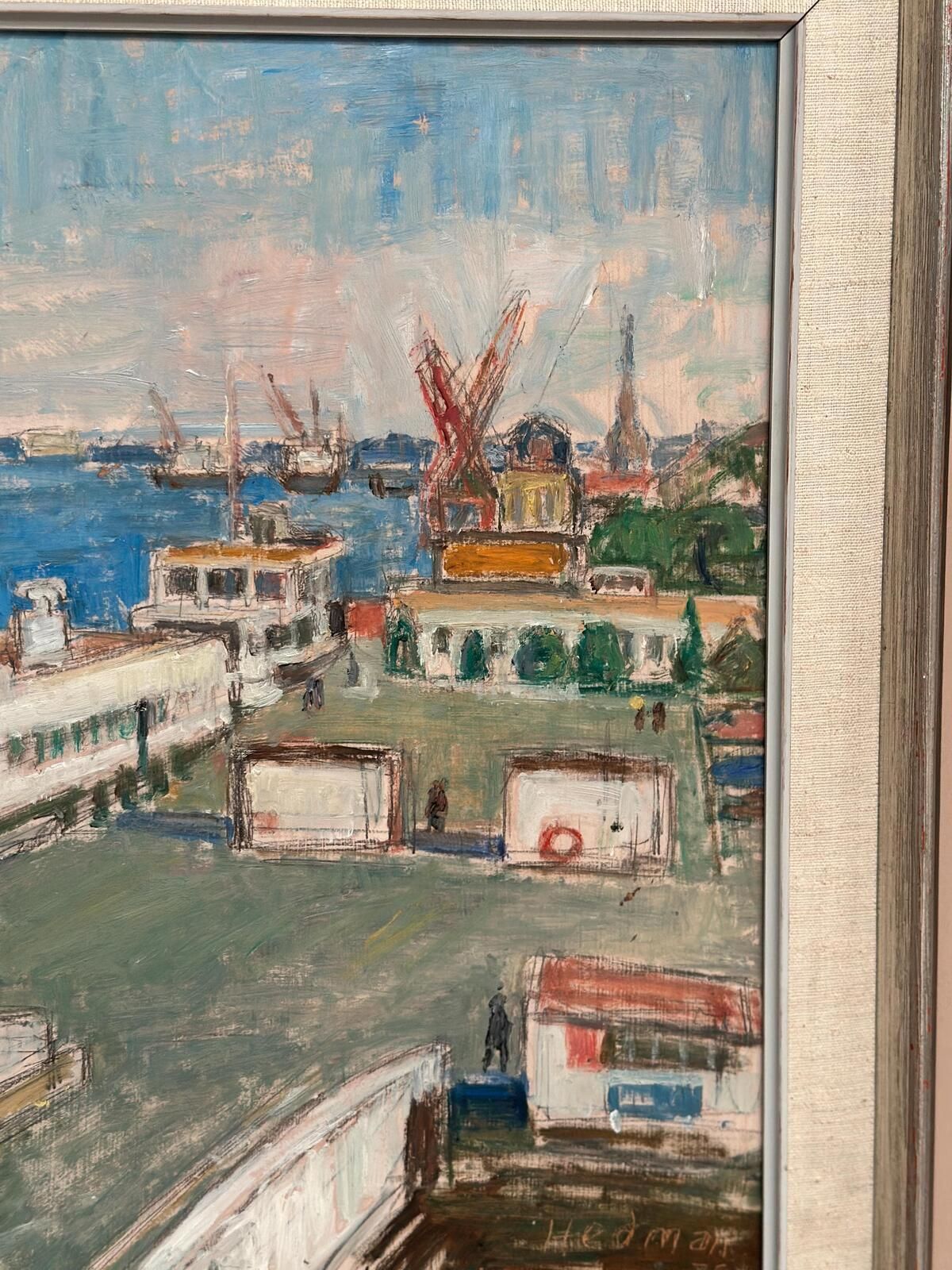 395.0 Original Swedish Oil Painting – “Malmö Harbour” By John Hedman – Vintage & Framed – 69.5 × 49.5 Cm (27.4" × 19.5") photo