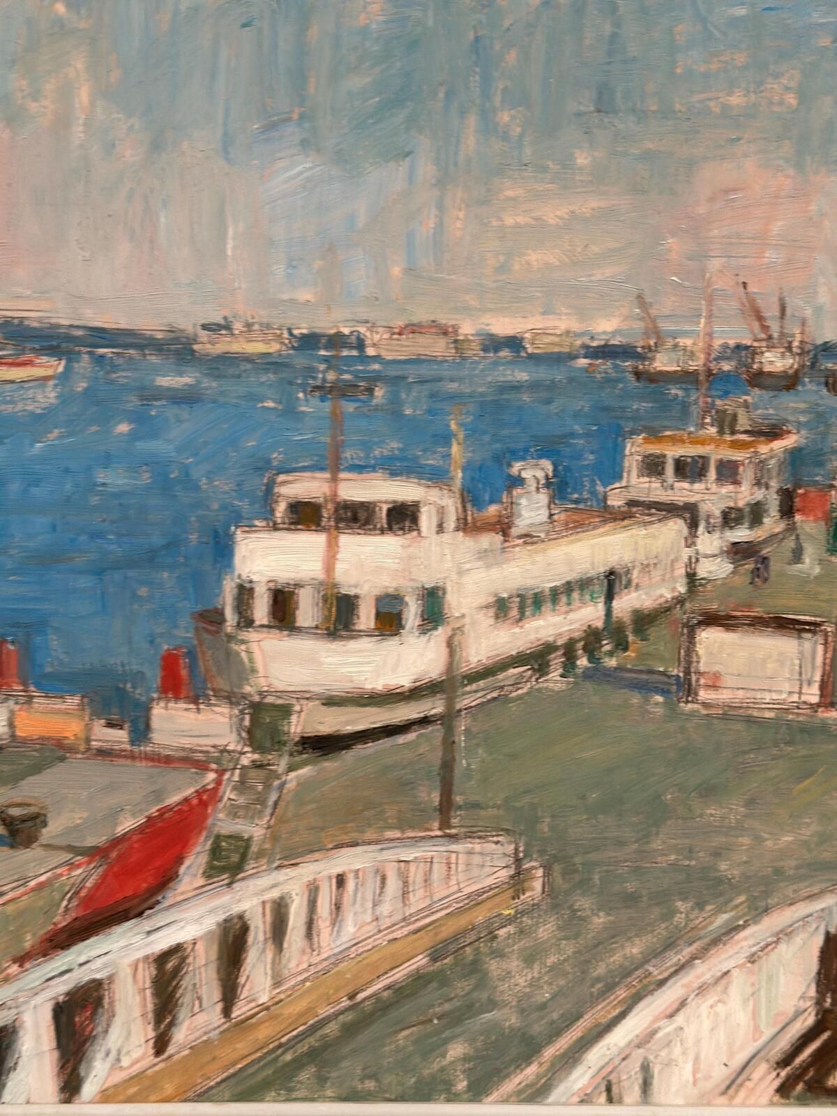 photo vinterior Original Swedish Oil Painting – “Malmö Harbour” By John Hedman – Vintage & Framed – 69.5 × 49.5 Cm (27.4" × 19.5")