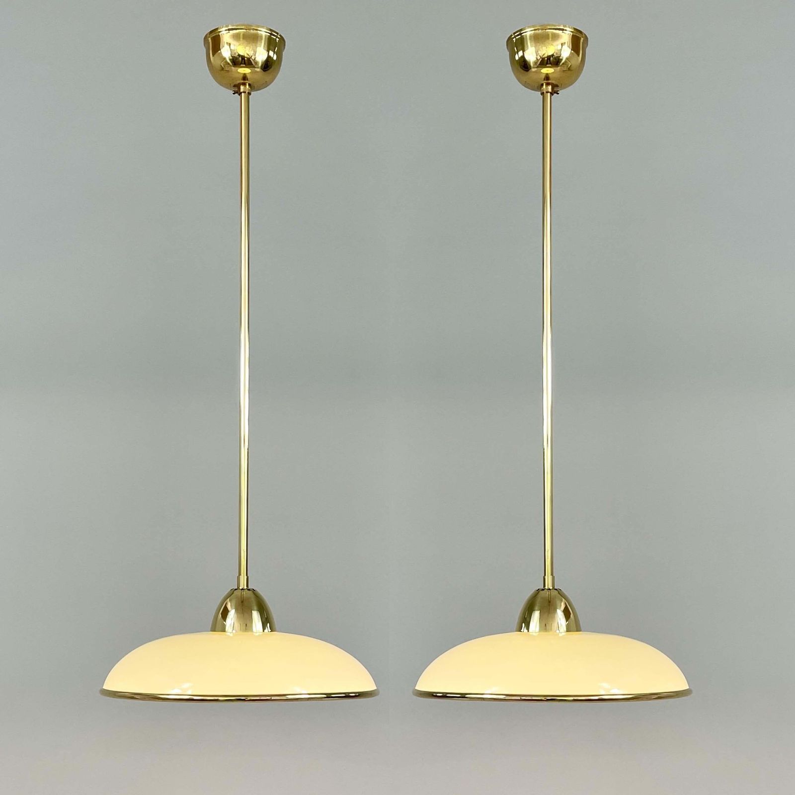 Art Deco Cream Opaline Glass & Brass Pendants, Germany 1930s, Set Of 2 photo for sale