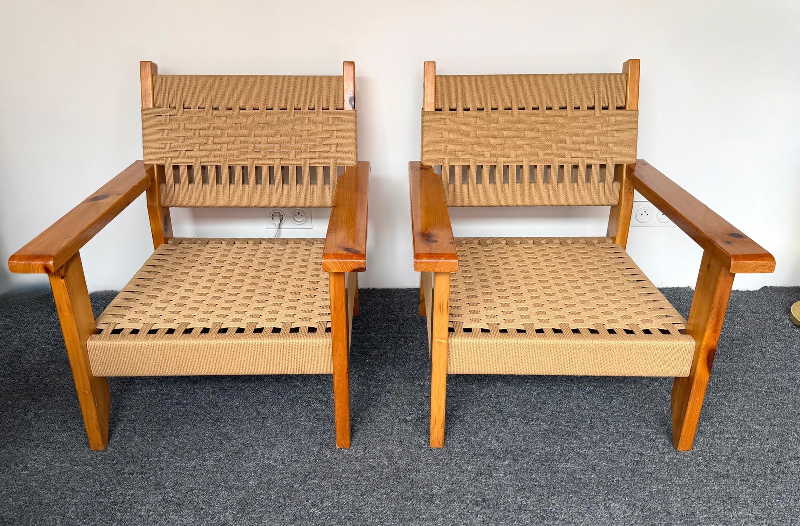 Mid Century Modern Pair Of Wood And Rope Armchairs, Italy, 1970s photo buy