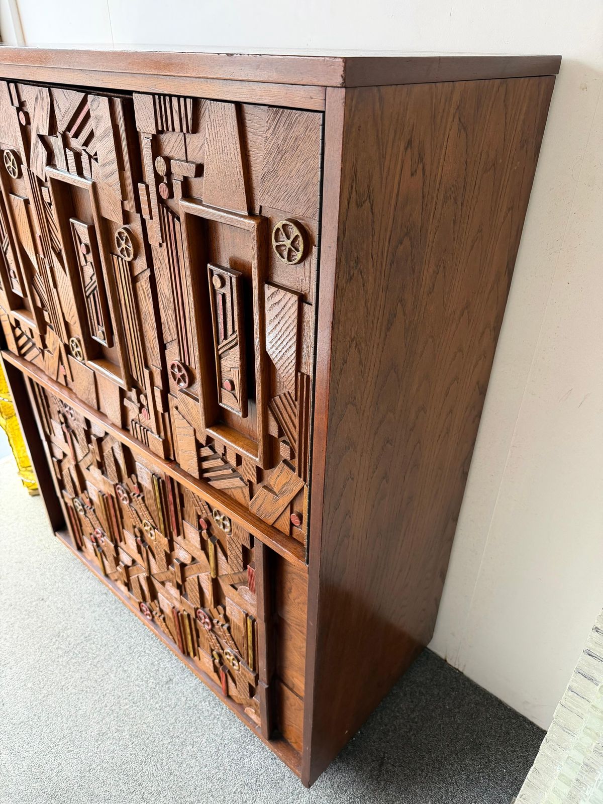 photo buy Mid Century Modern Brutalist Wood Sculpture Cabinet By Lane. USA, 1970s