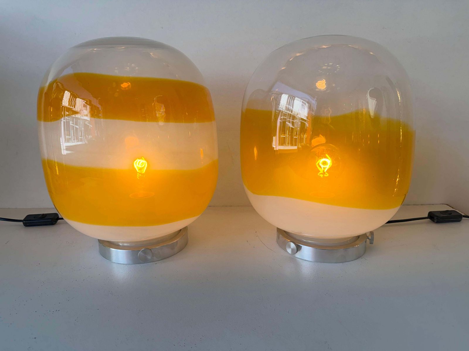 Pair Of Murano Glass Orange White Smoke Saturn Lamps. Italy, 1970s photo furniture