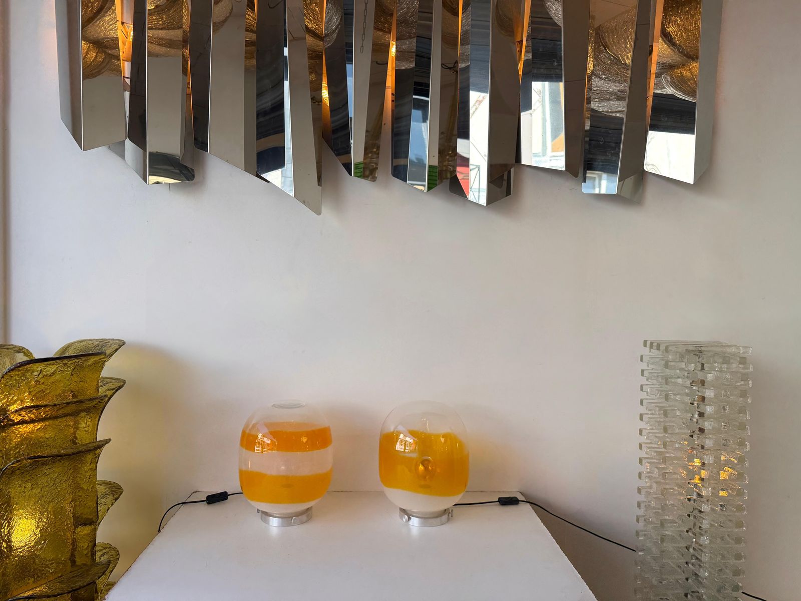 Pair Of Murano Glass Orange White Smoke Saturn Lamps. Italy, 1970s photo Lighting