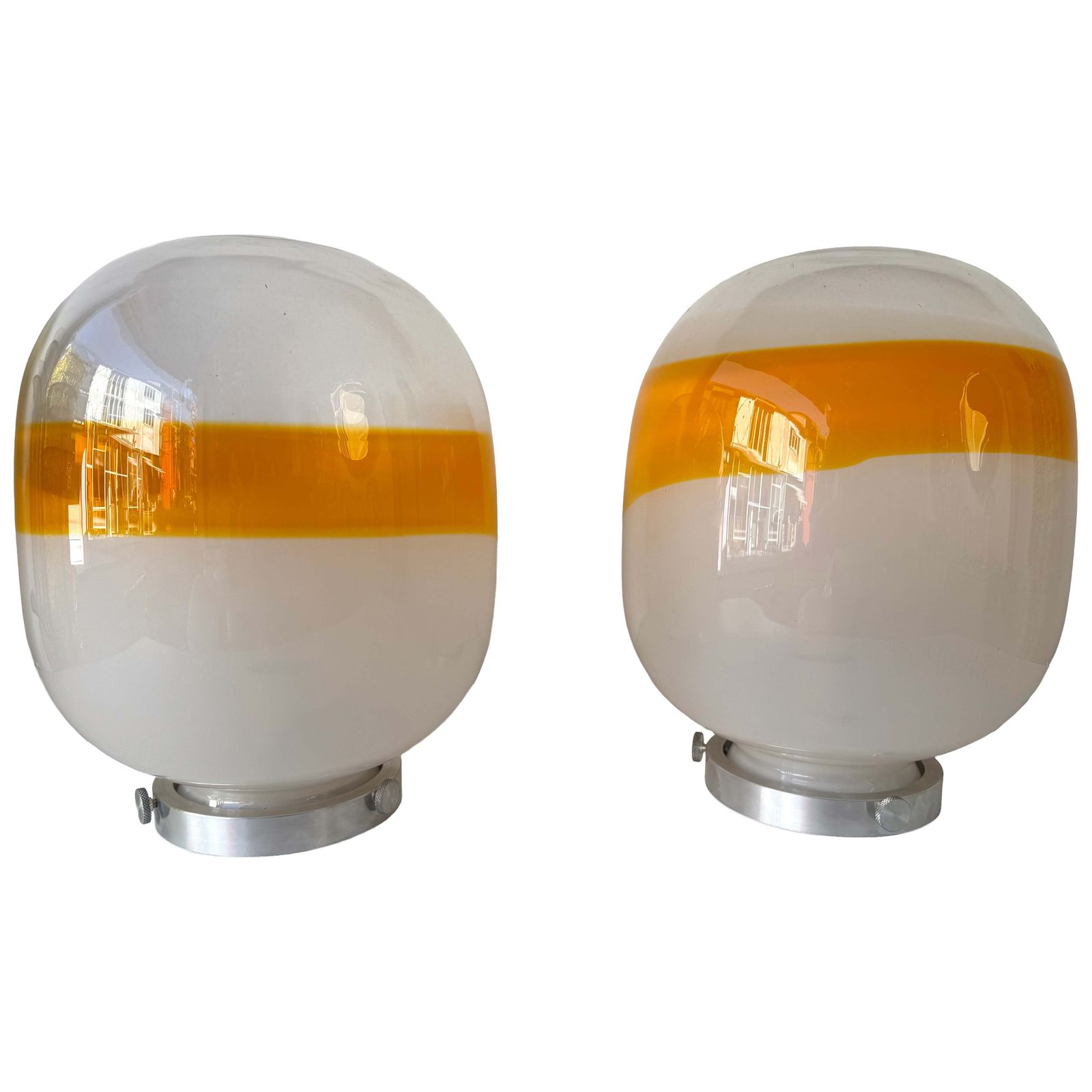 Pair Of Murano Glass Orange White Smoke Saturn Lamps. Italy, 1970s
