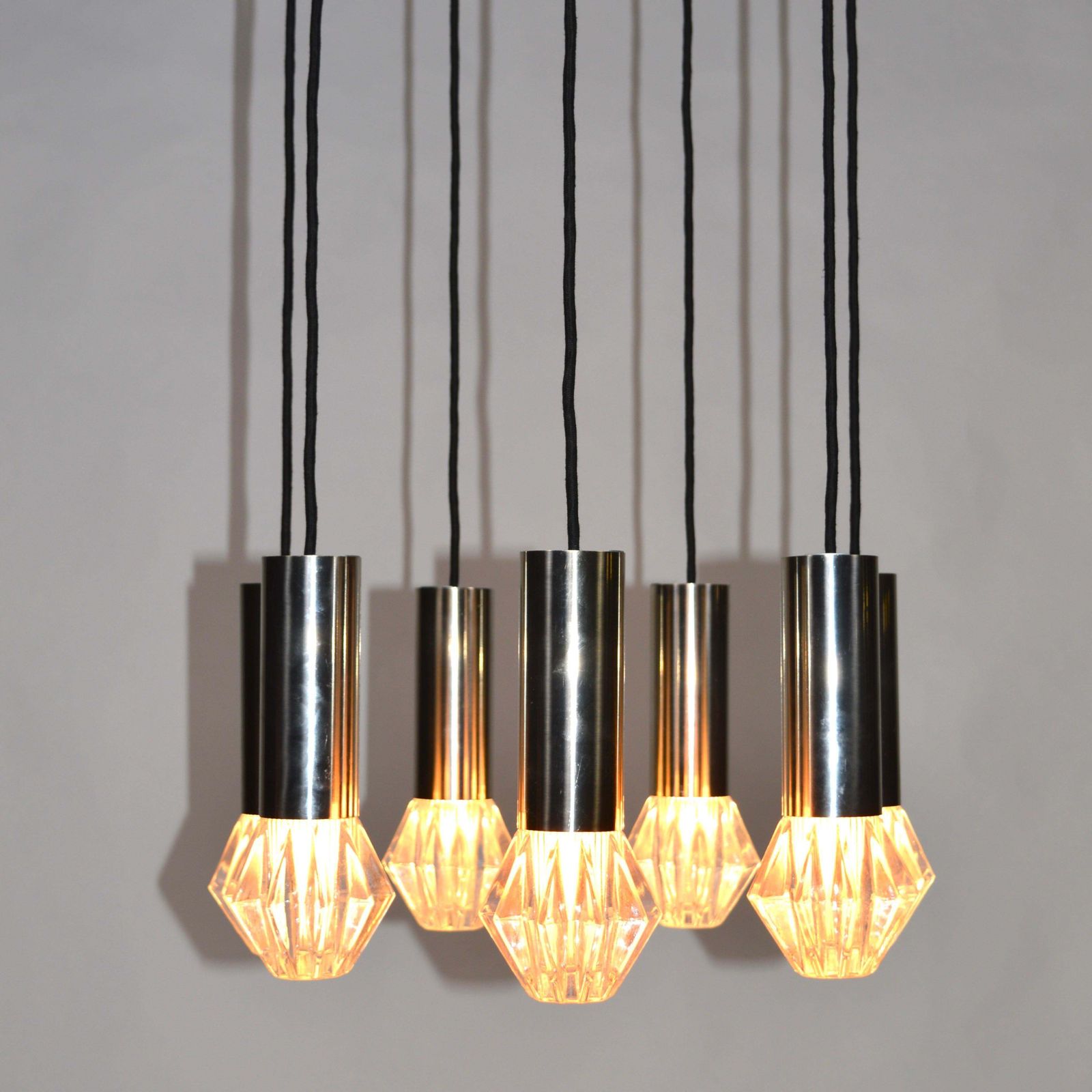 Mid Century Modern Chrome And Glass Chandelier By Raak, 42” photo vinterior