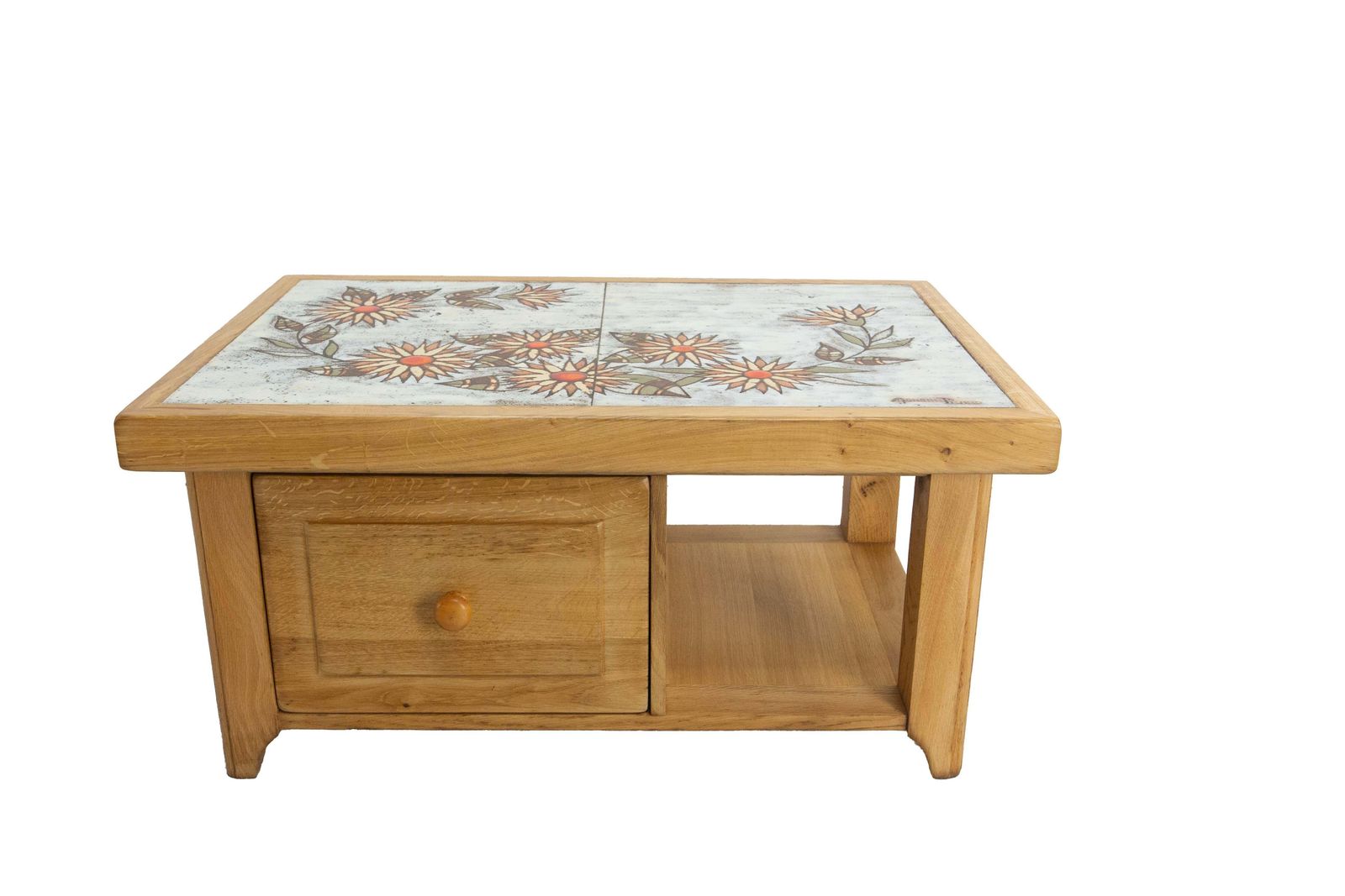 French Oak & Ceramic Coffee Table Tiles Signed Monsan Picard, Circa 1970 photo for sale