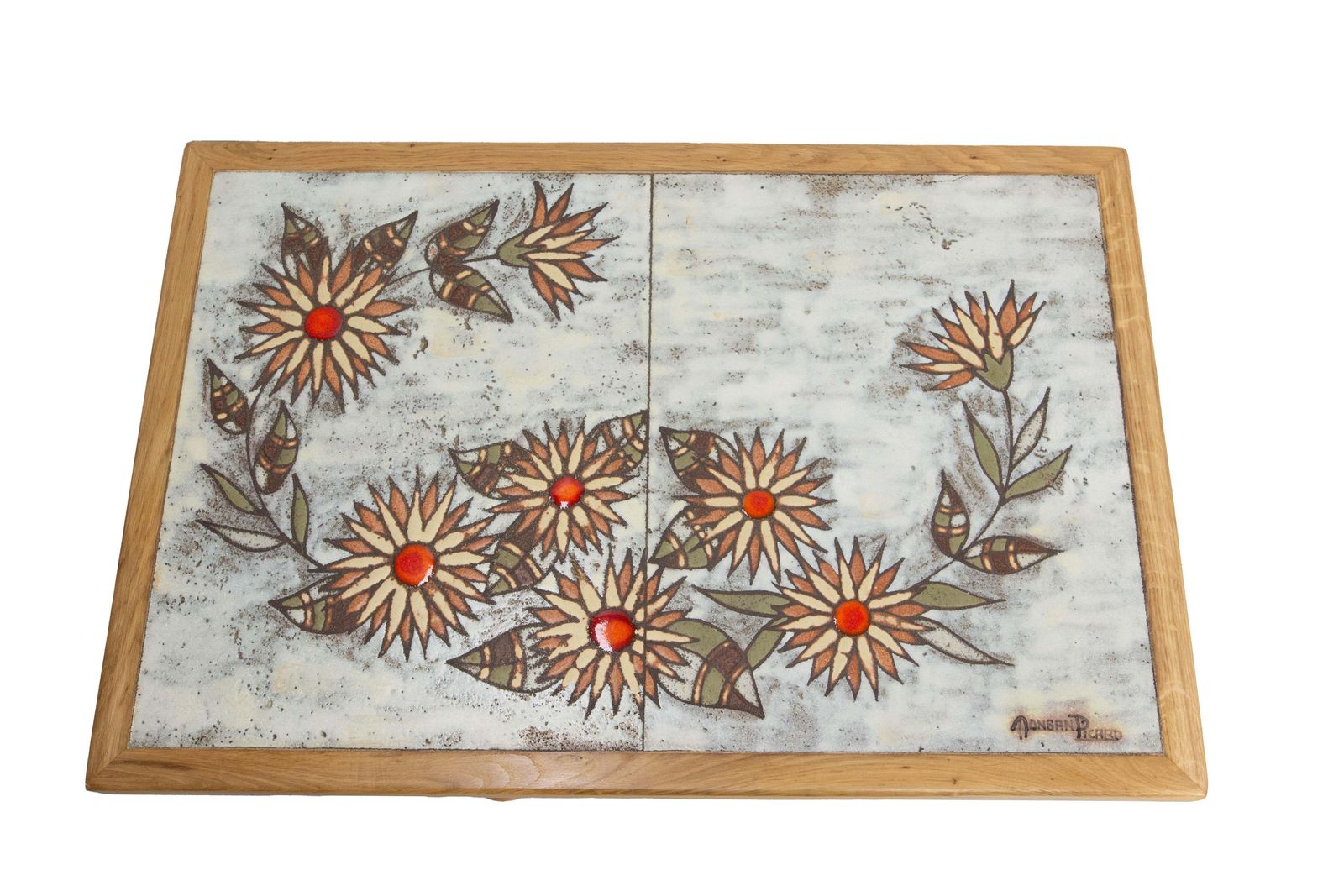 Franse eiken salontafel met keramische tegels, gesigneerd Monsan Picard, ca. 1970 photo vinterior