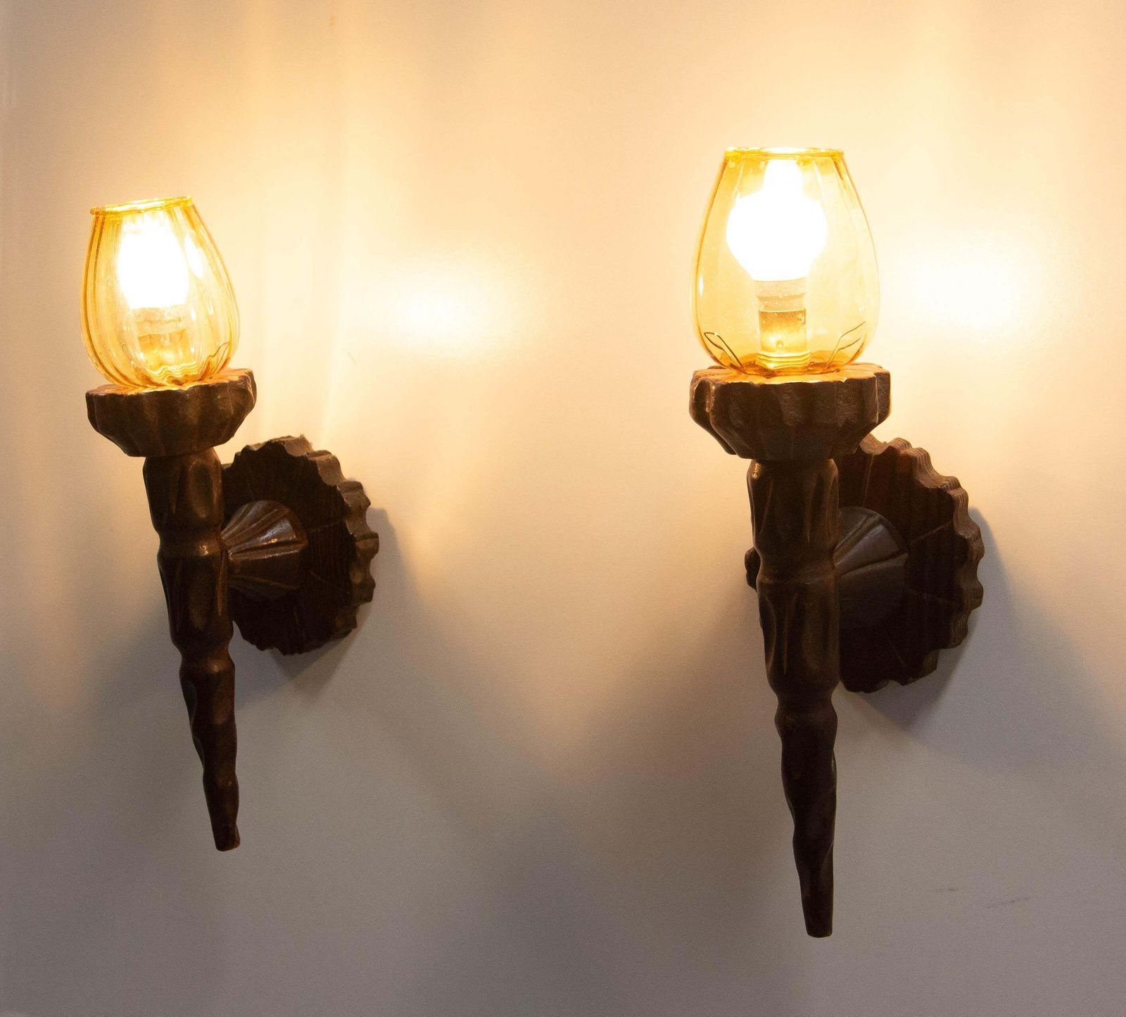 Pair Of Pine Sconces & Colored Glass Circa 1940, France photo vinterior