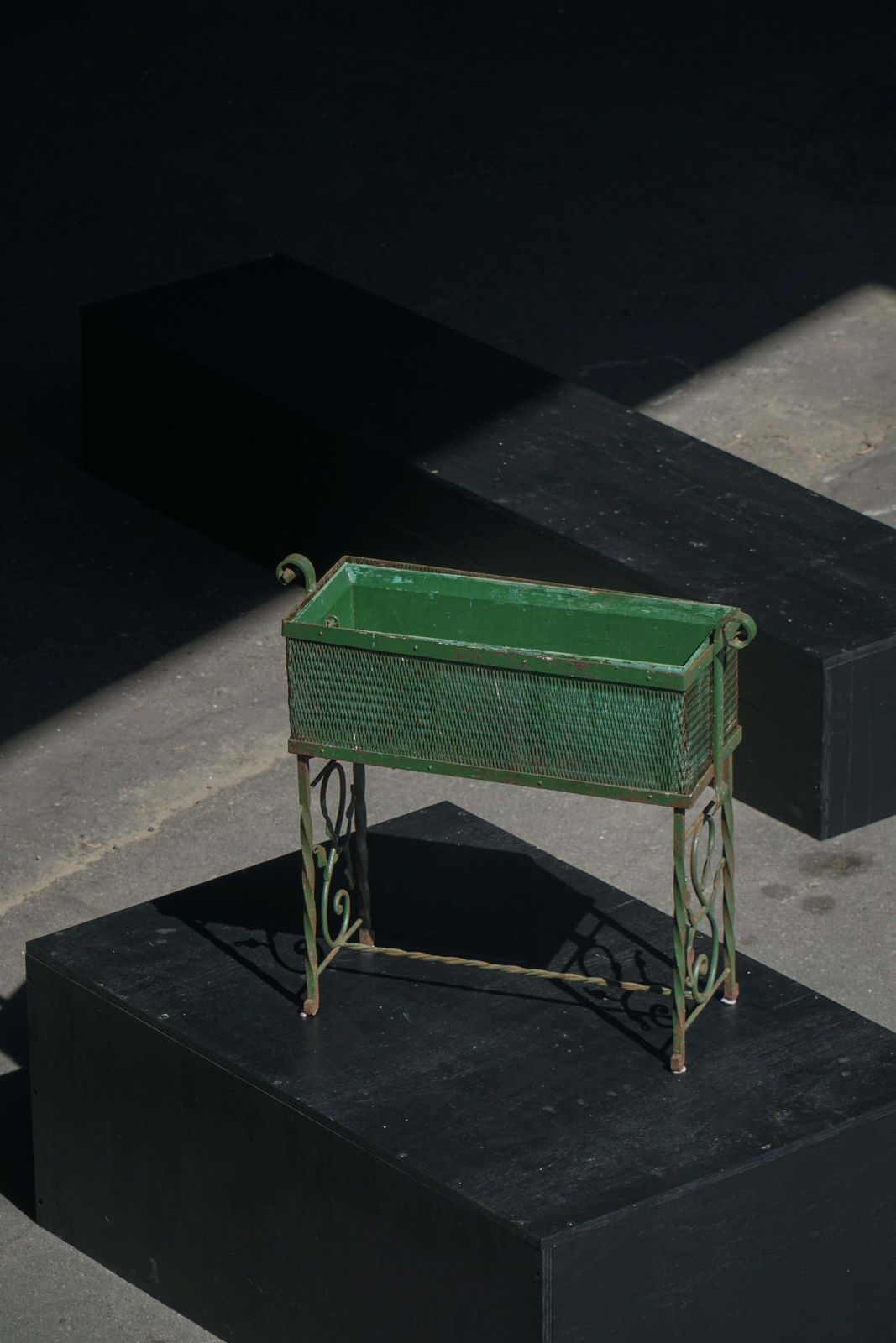 489.0 French Art Nouveau, Decorative Vintage Green Metal Garden Planter Box, 1920s photo