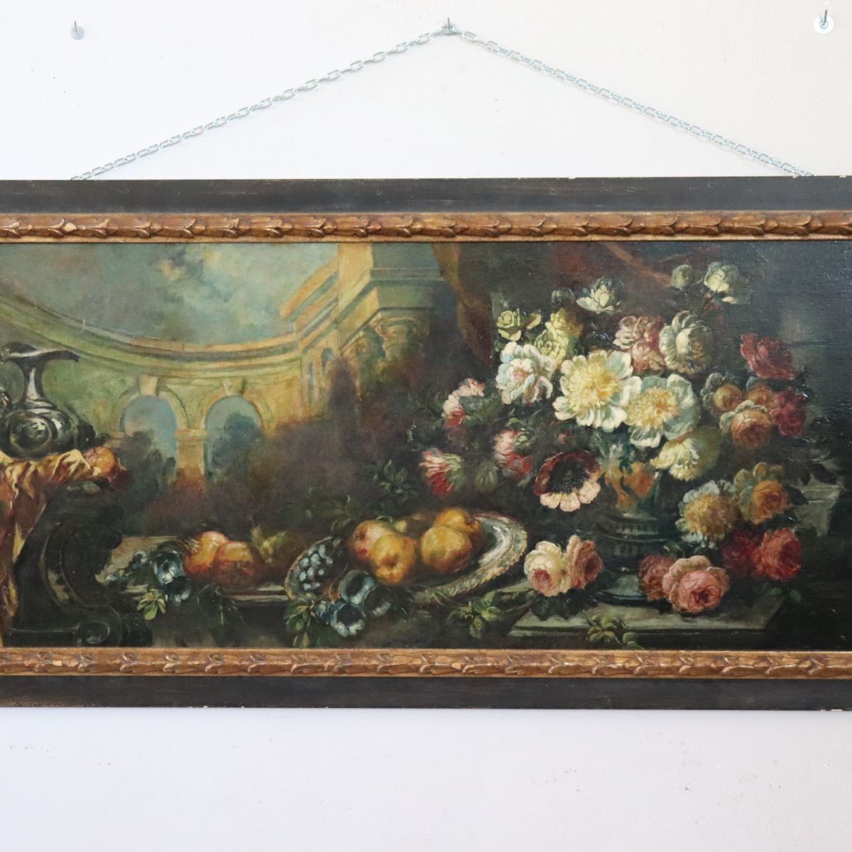 photo for sale Still Life With Flowers And Fruits, 1800s, Large Oil On Canvas, Framed