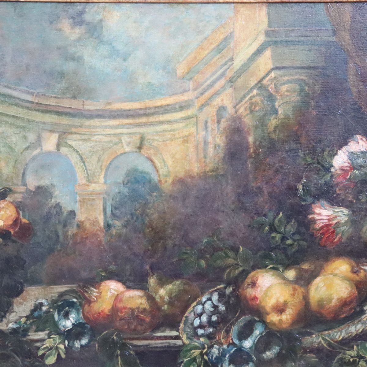 photo vintage Still Life With Flowers And Fruits, 1800s, Large Oil On Canvas, Framed