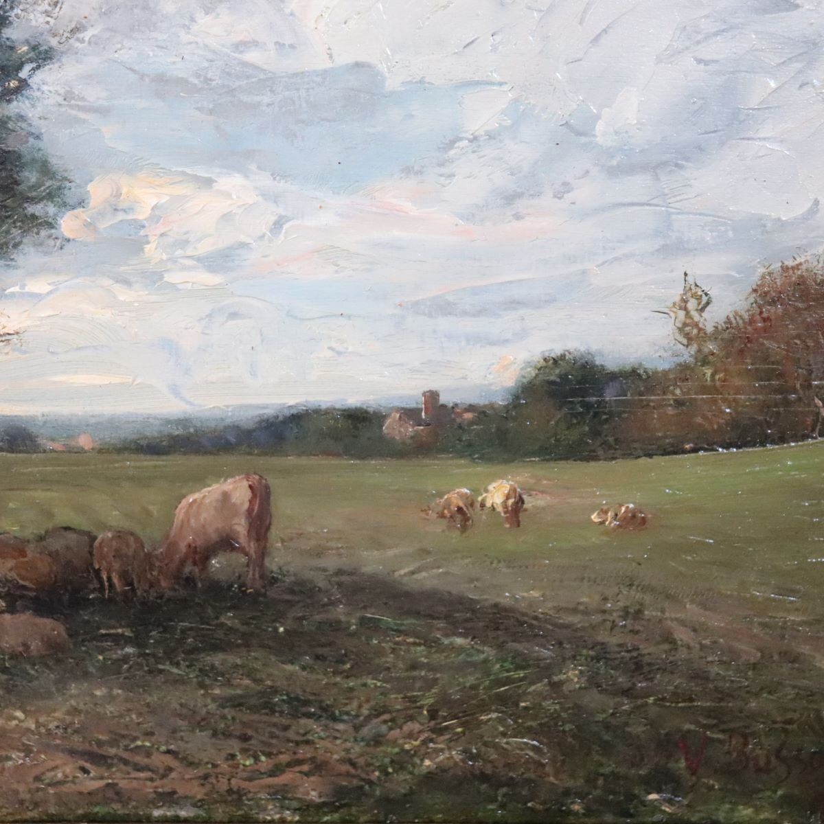 V. Bussolino, Landscape With Flock, Oil Painting On Board, 19th Century, Framed photo vinterior