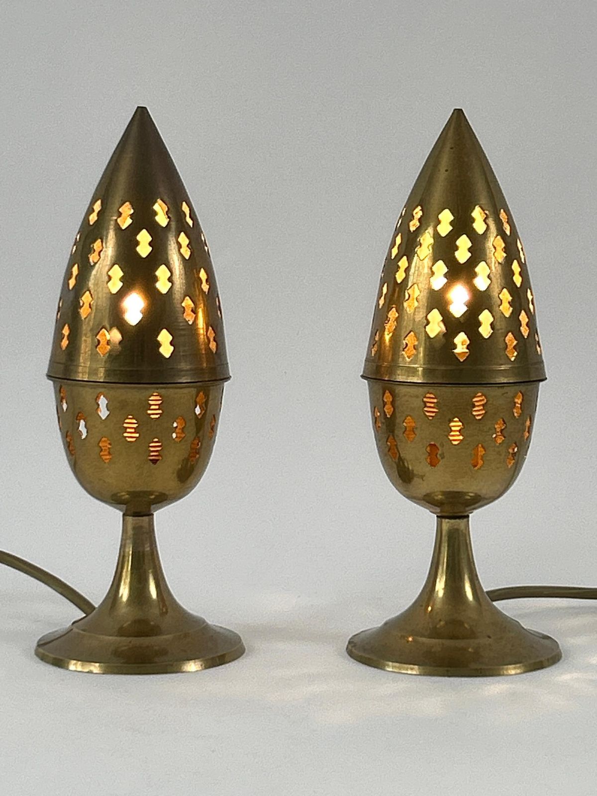 Set Of Two Rare & Lovely Perforated Brass Bedside Table Lamps Sweden 1960s photo furniture