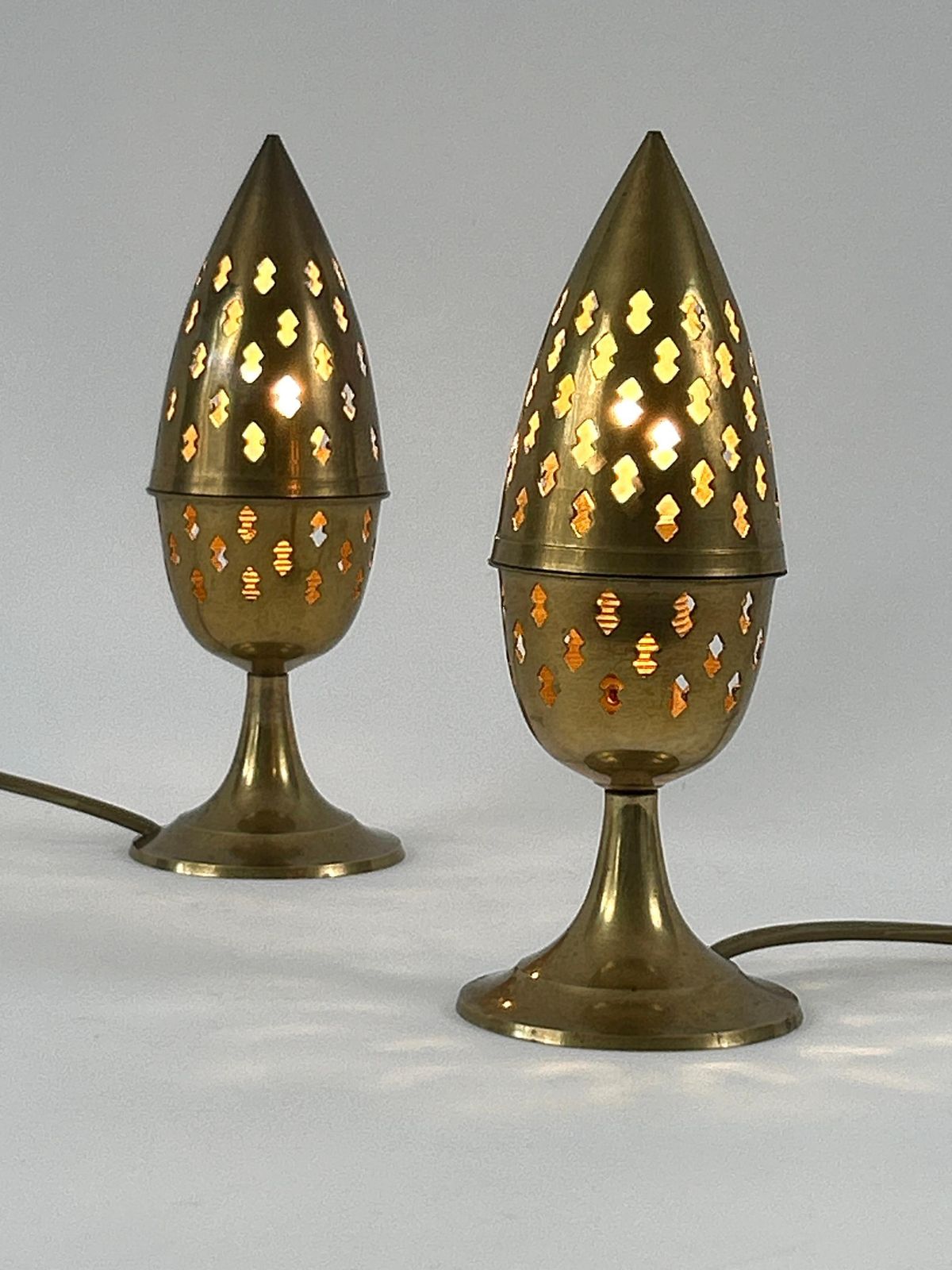 Set Of Two Rare & Lovely Perforated Brass Bedside Table Lamps Sweden 1960s photo Lighting