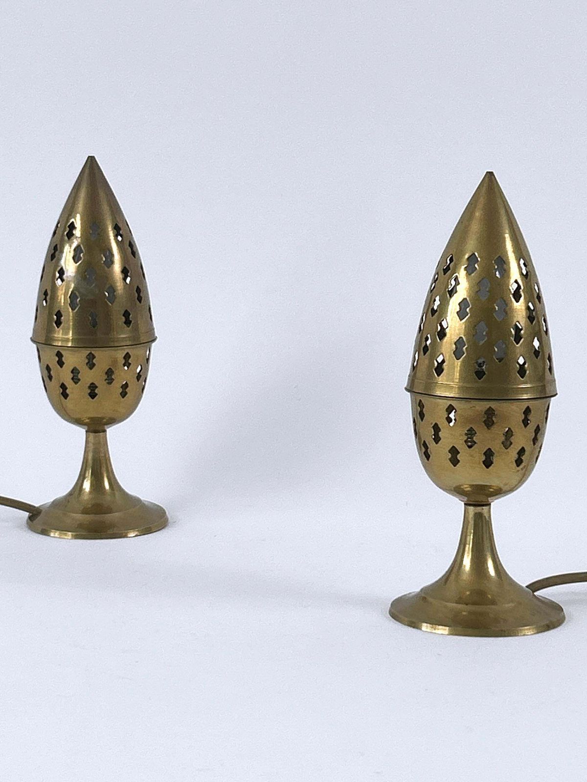photo for sale Set Of Two Rare & Lovely Perforated Brass Bedside Table Lamps Sweden 1960s