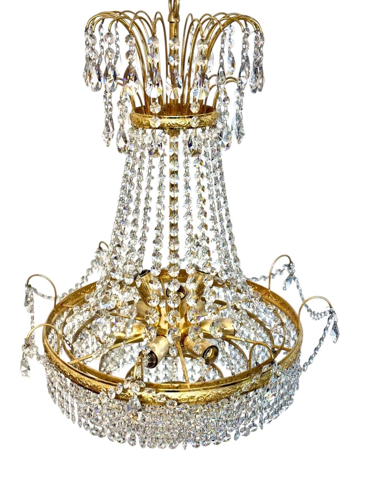 Pair Of Gilt Metal Chandeliers With Glass Drops, Mid 20th Century photo for sale