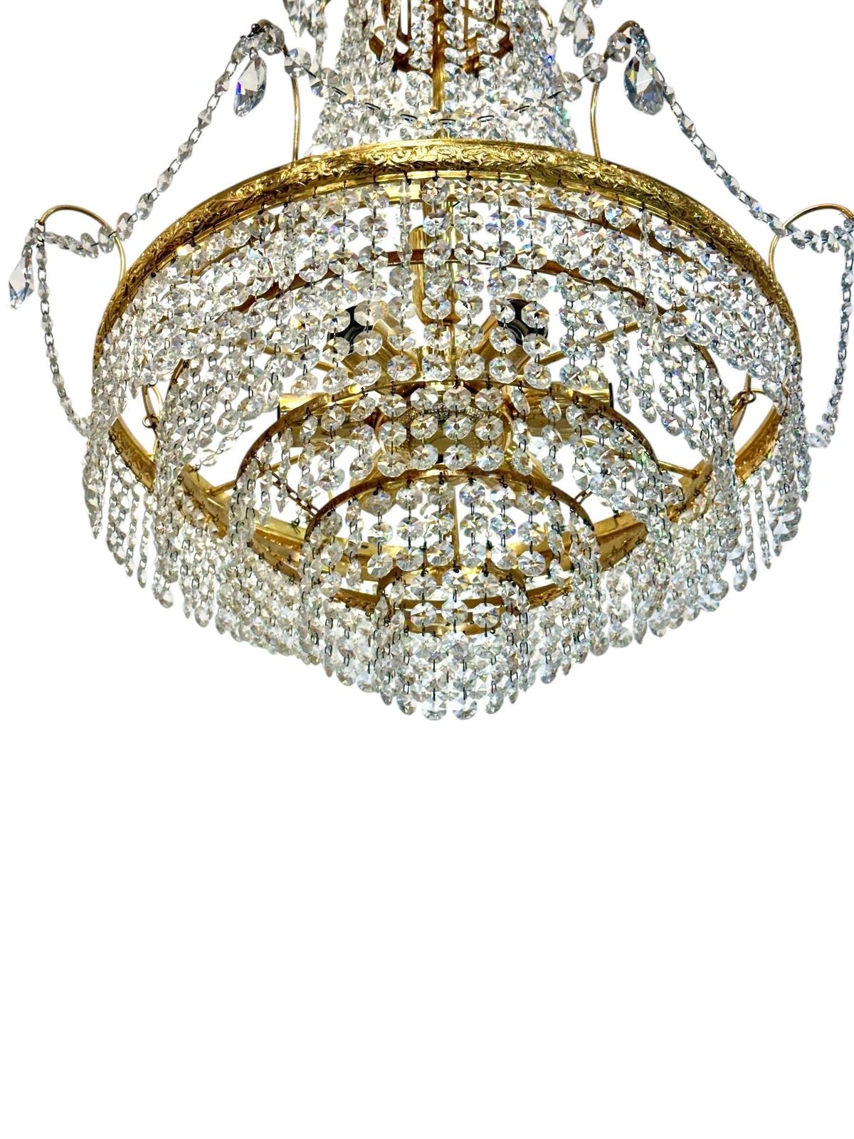 Pair Of Gilt Metal Chandeliers With Glass Drops, Mid 20th Century photo 3299.0