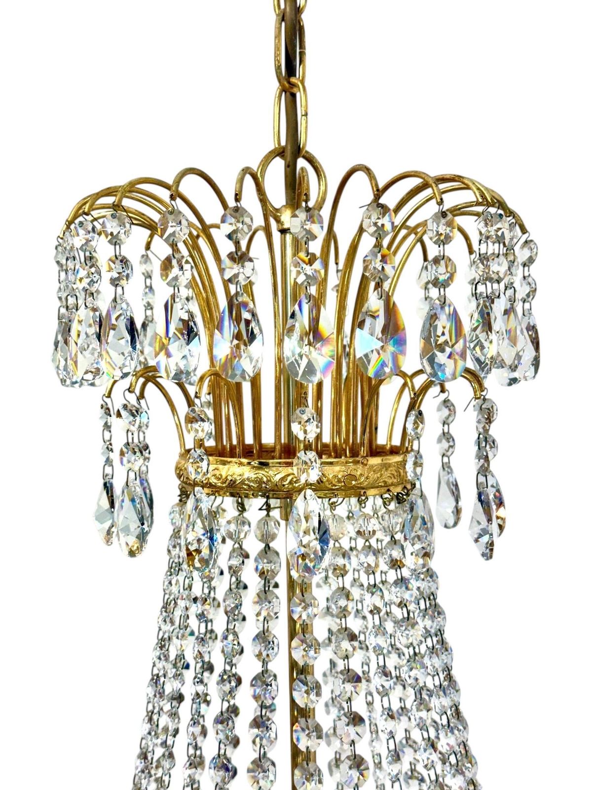 photo buy Pair Of Gilt Metal Chandeliers With Glass Drops, Mid 20th Century