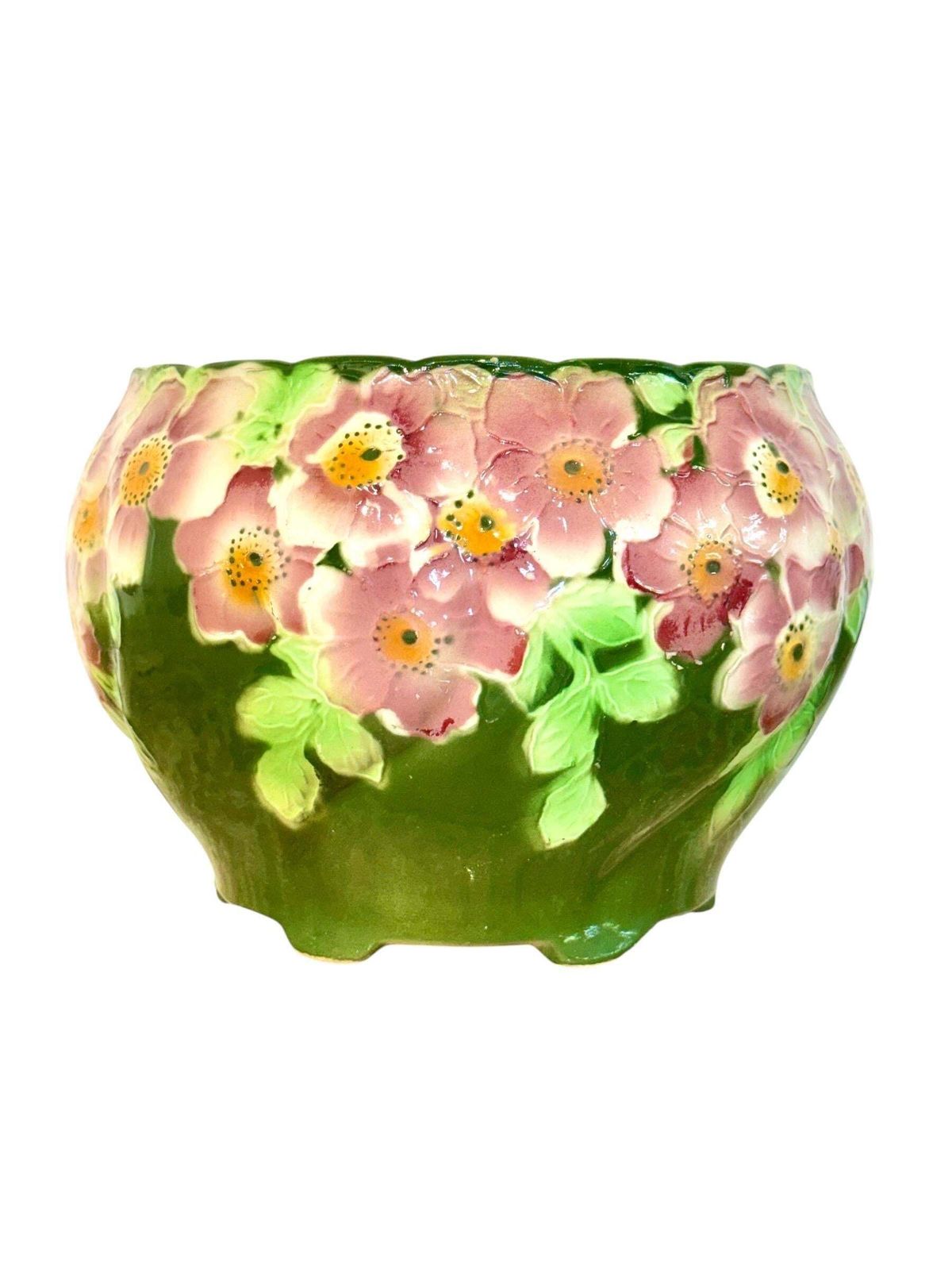 Antique Saint Clément Majolica Jardinière With Pink And Green Floral Motif photo furniture