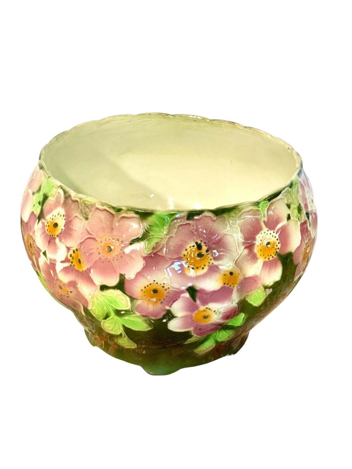 Antique Saint Clément Majolica Jardinière With Pink And Green Floral Motif photo for sale