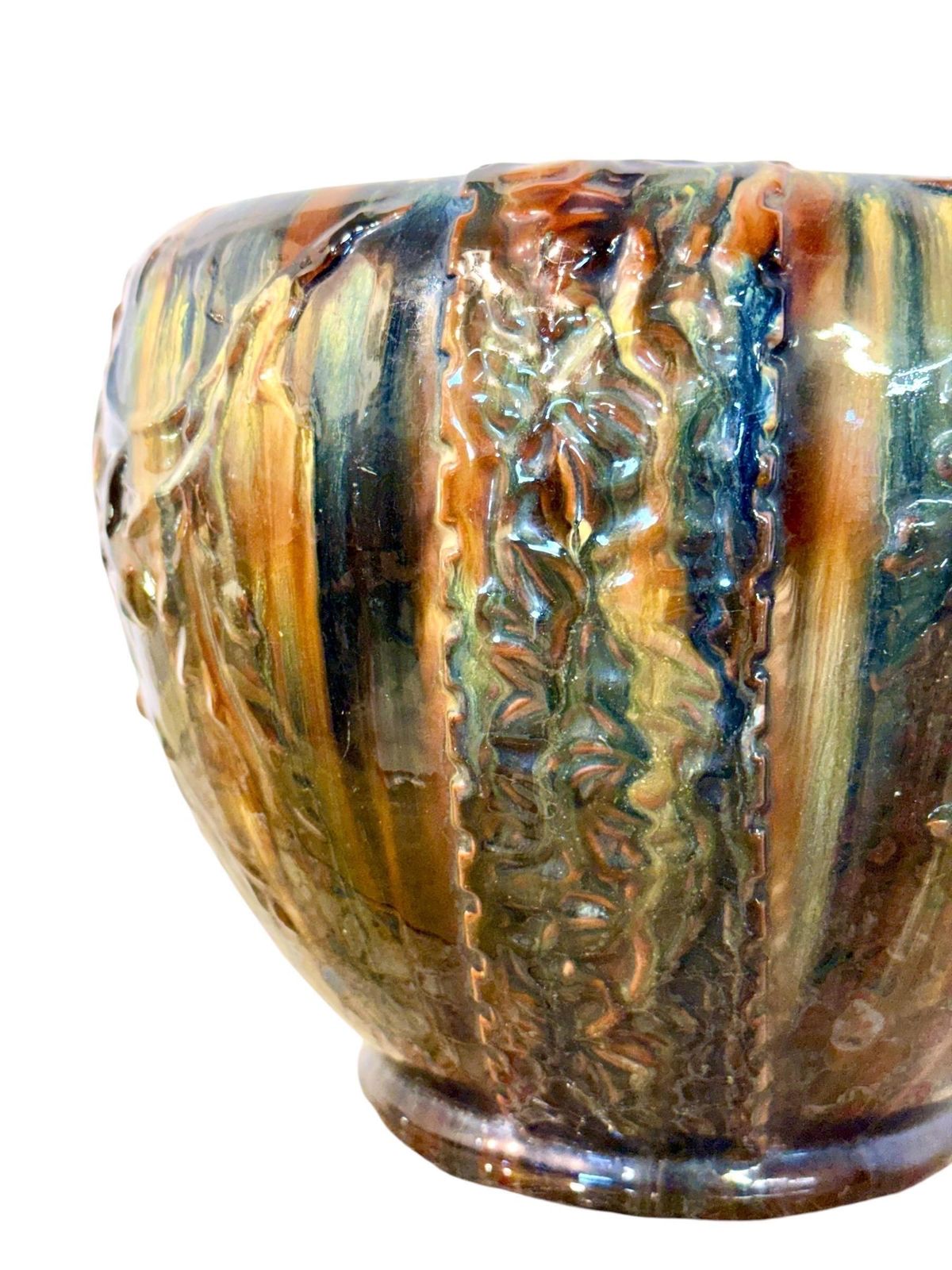 French Art Nouveau Drip Glaze Jardinière In Earth Tones photo vinterior