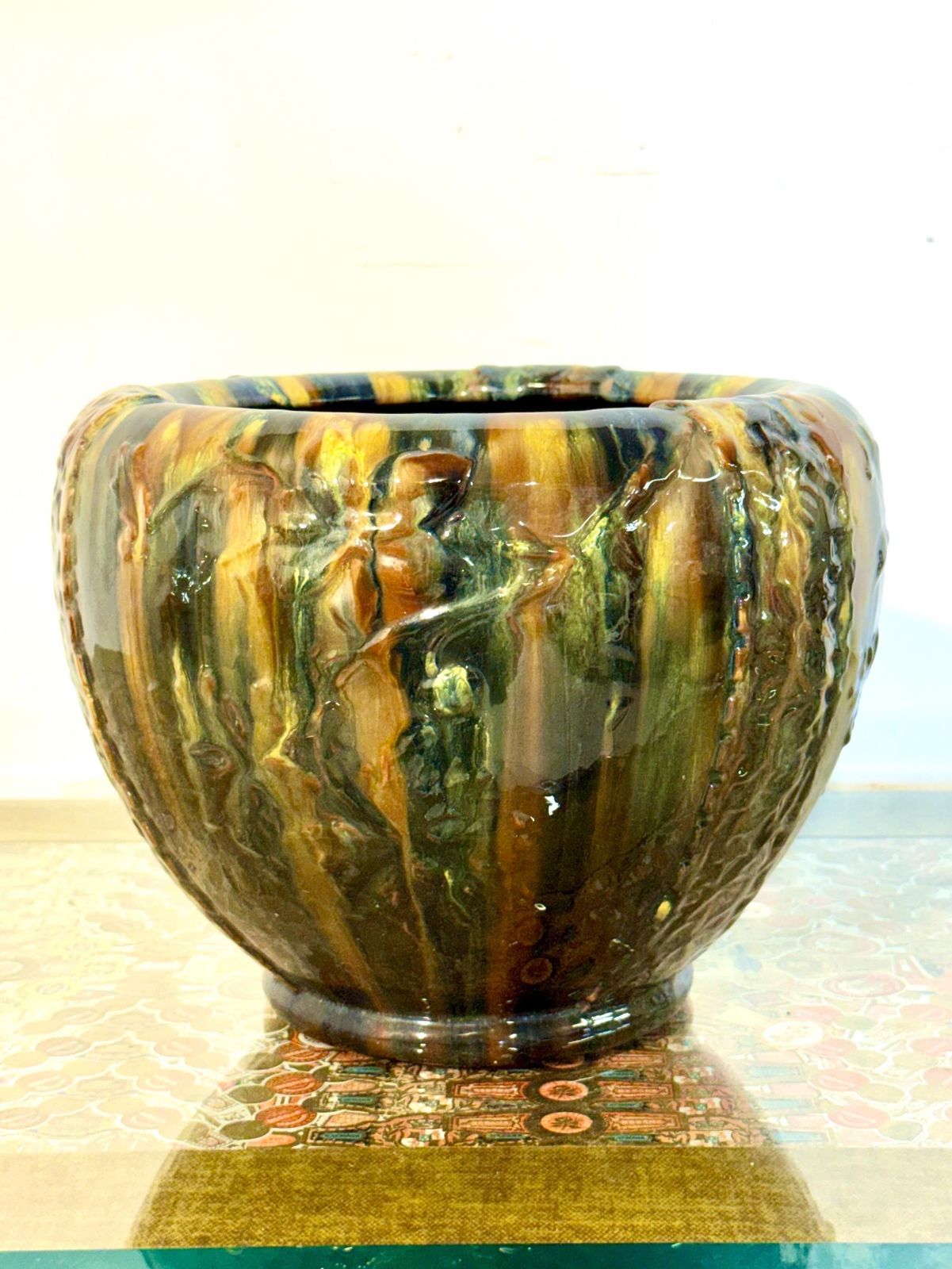 photo for sale French Art Nouveau Drip Glaze Jardinière In Earth Tones