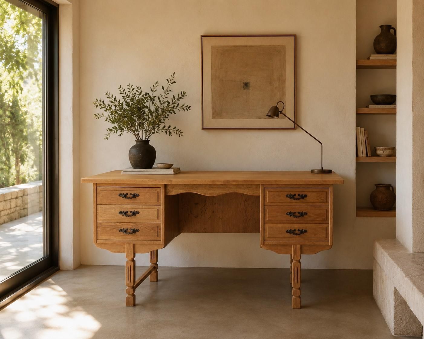 Vintage Mid Century Brutalist Danmark Oak Desk, Style Of Henning Kjærnulf photo 1950.0