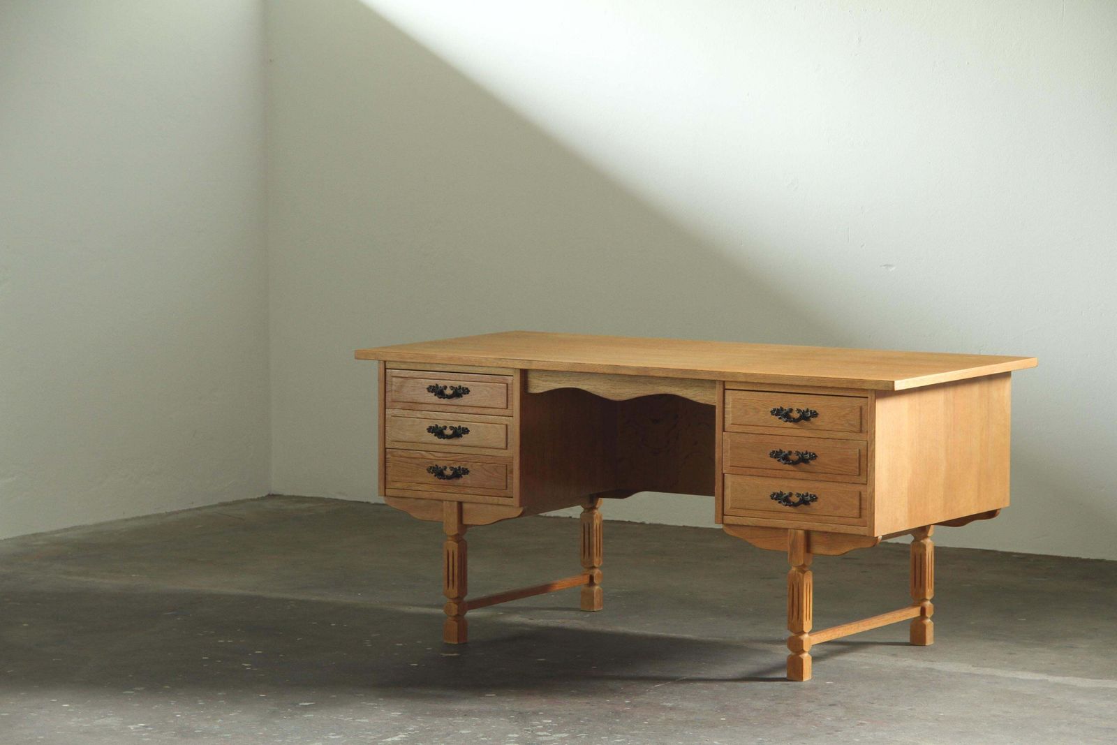 photo for sale Vintage Mid Century Brutalist Danmark Oak Desk, Style Of Henning Kjærnulf