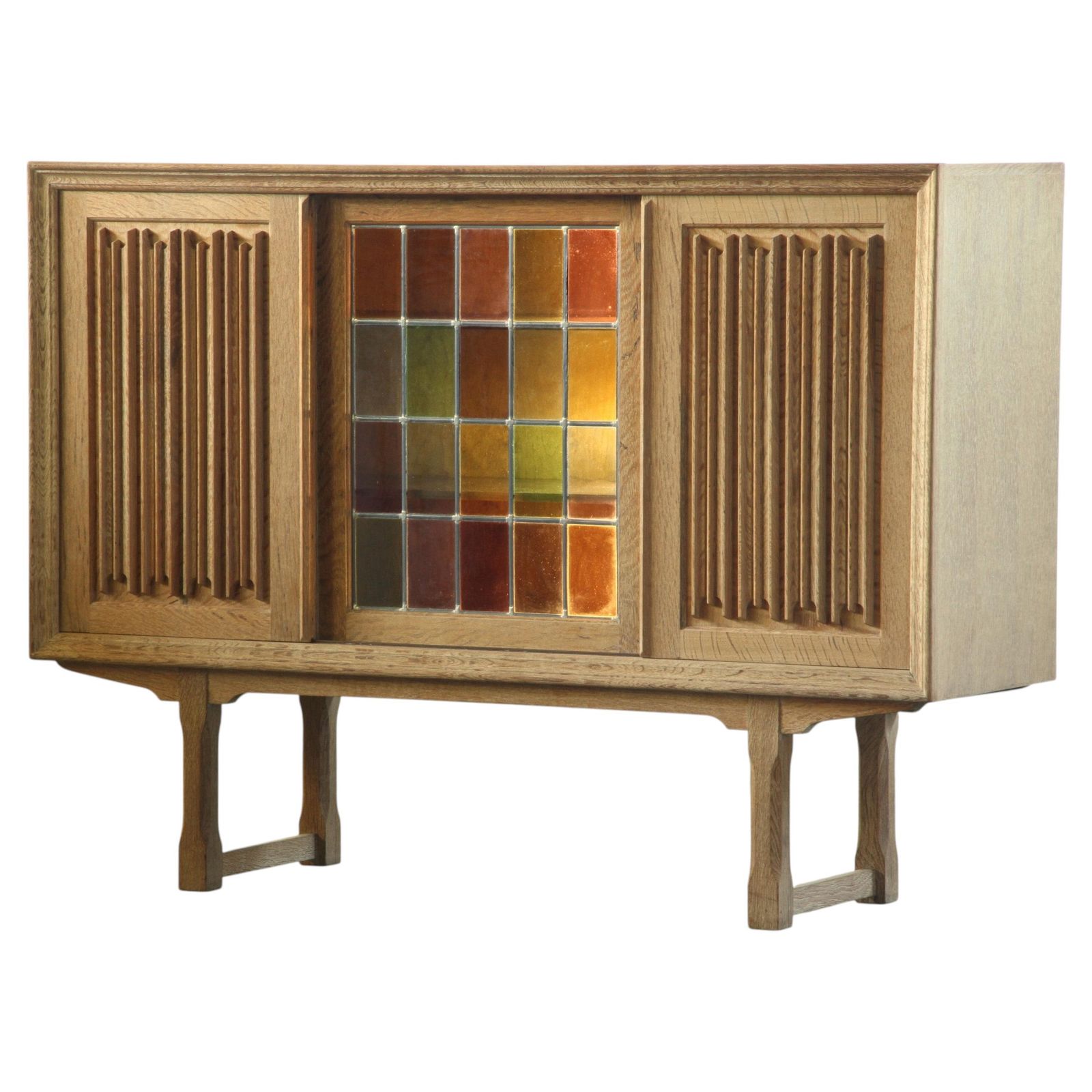 Vintage Oak Cabinet, Stained Glass Display Denmark 1960s Henning Kjærnulf