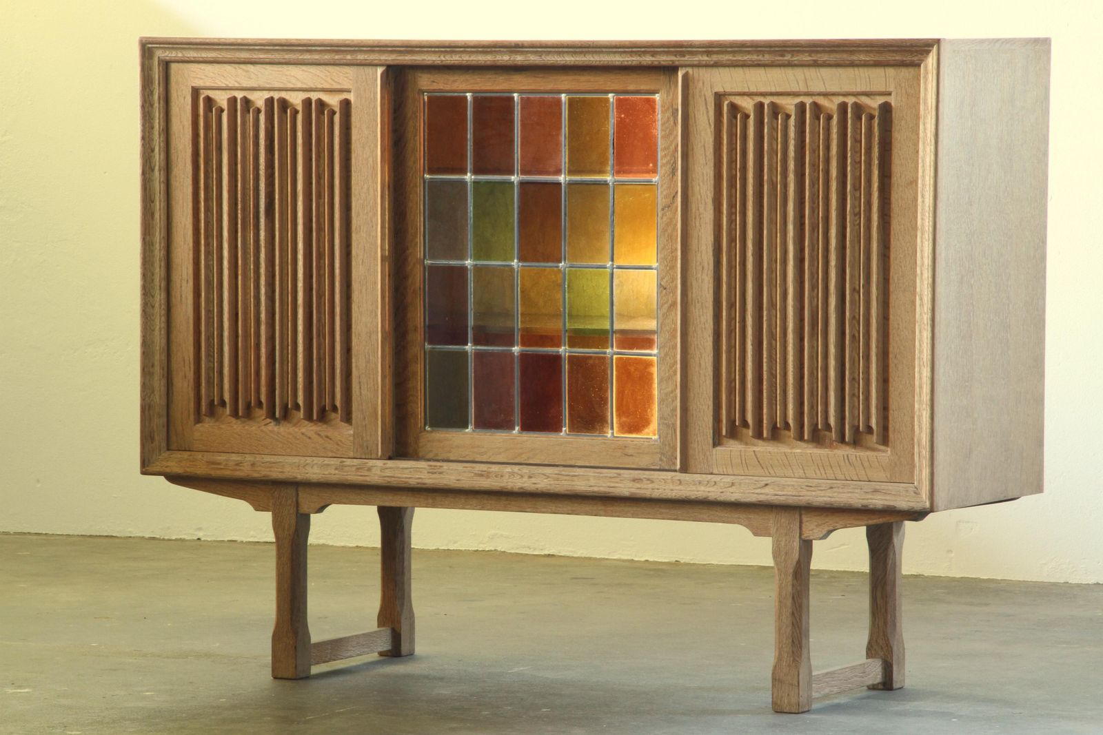 Vintage Oak Cabinet, Stained Glass Display Denmark 1960s Henning Kjærnulf photo furniture