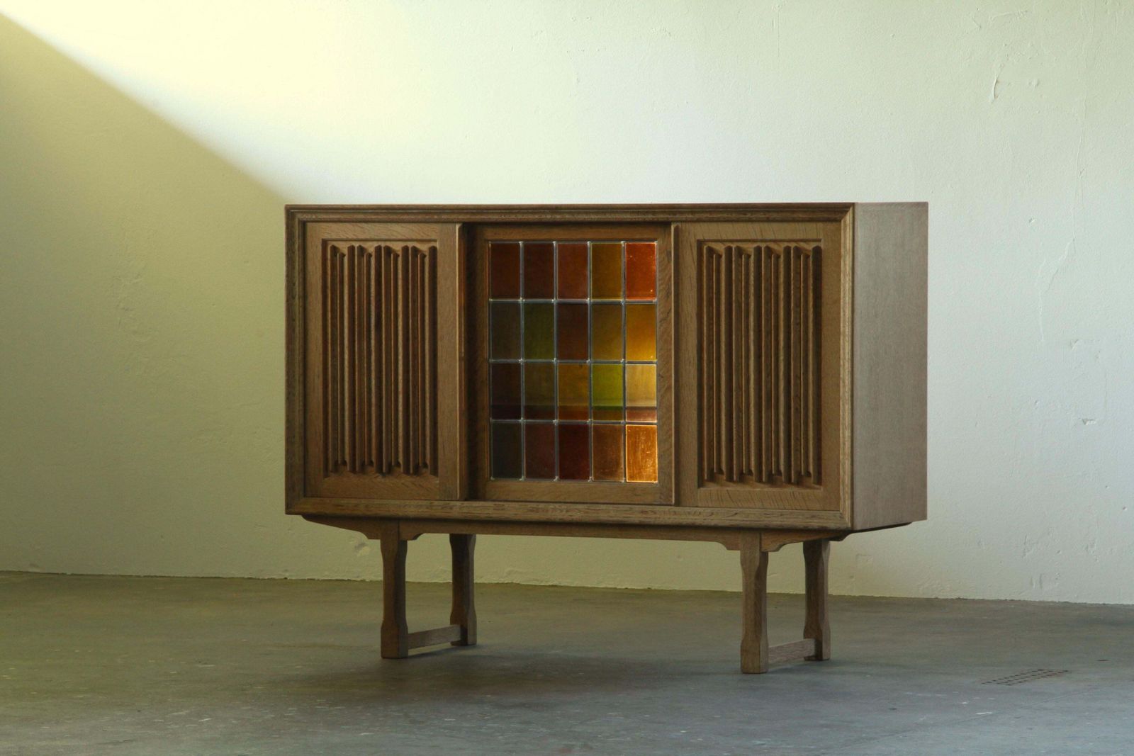 Vintage Oak Cabinet, Stained Glass Display Denmark 1960s Henning Kjærnulf photo for sale