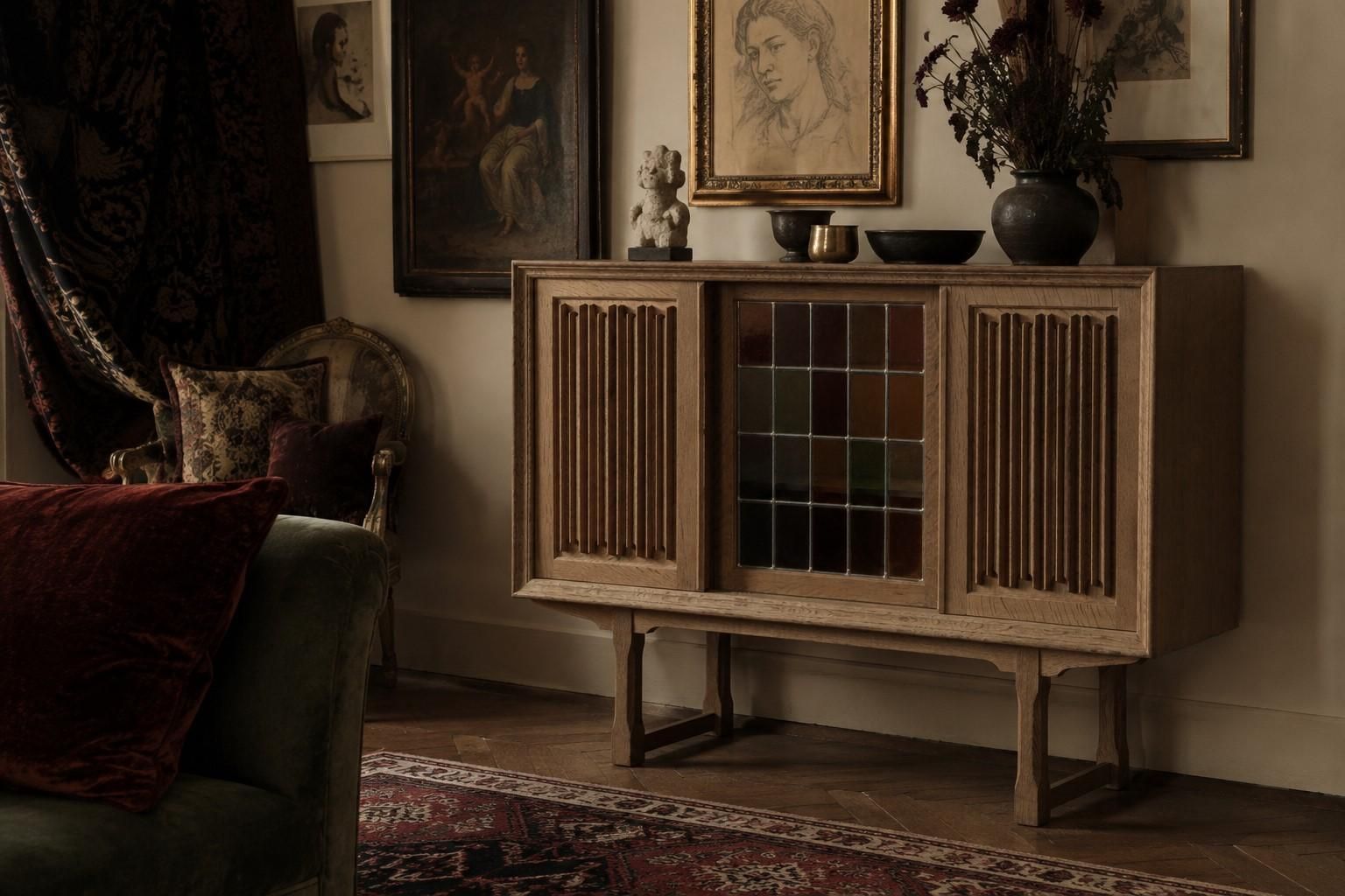 Vintage Oak Cabinet, Stained Glass Display Denmark 1960s Henning Kjærnulf photo 1959.0